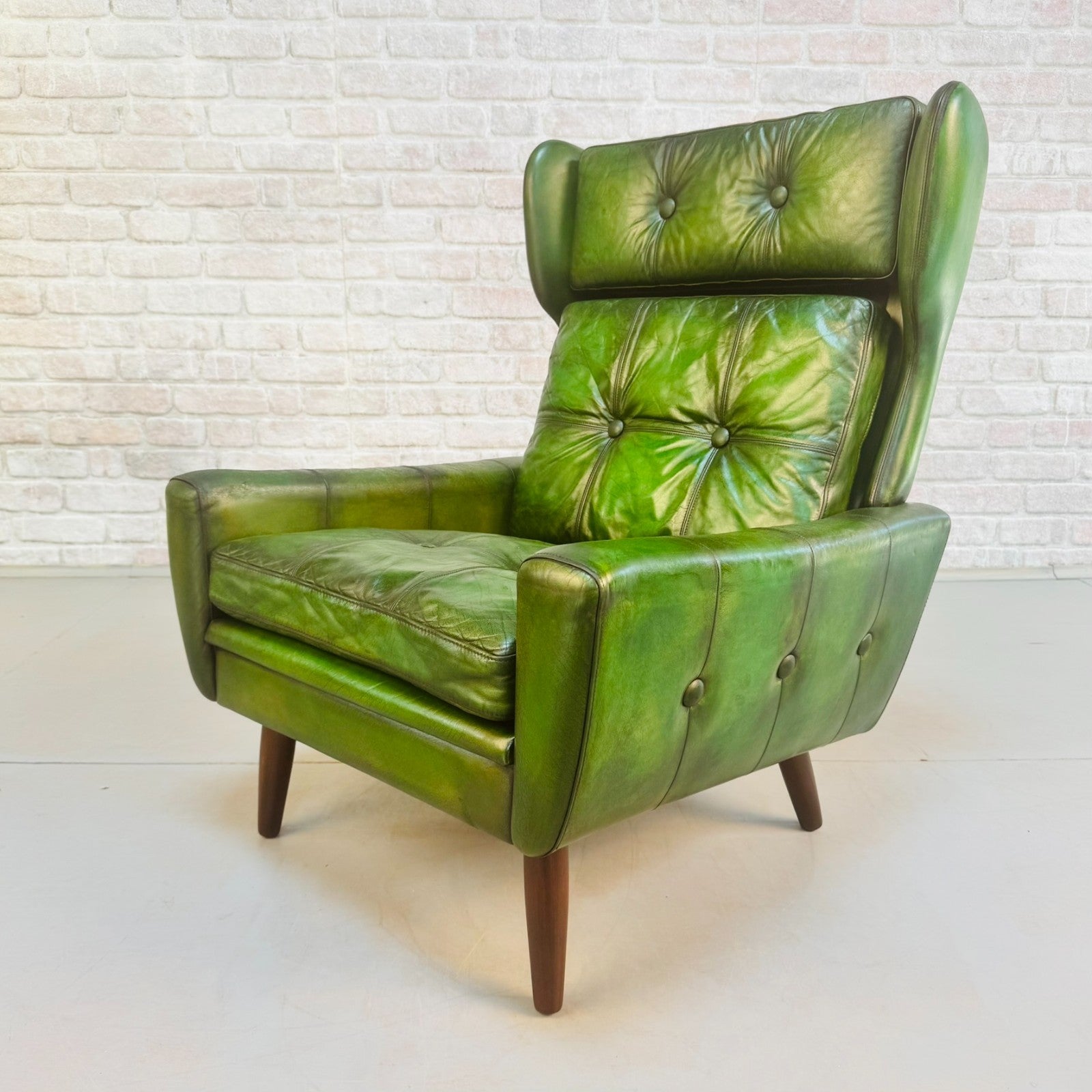 Vintage 1970s Svend Skippers High Back Green Leather Armchair