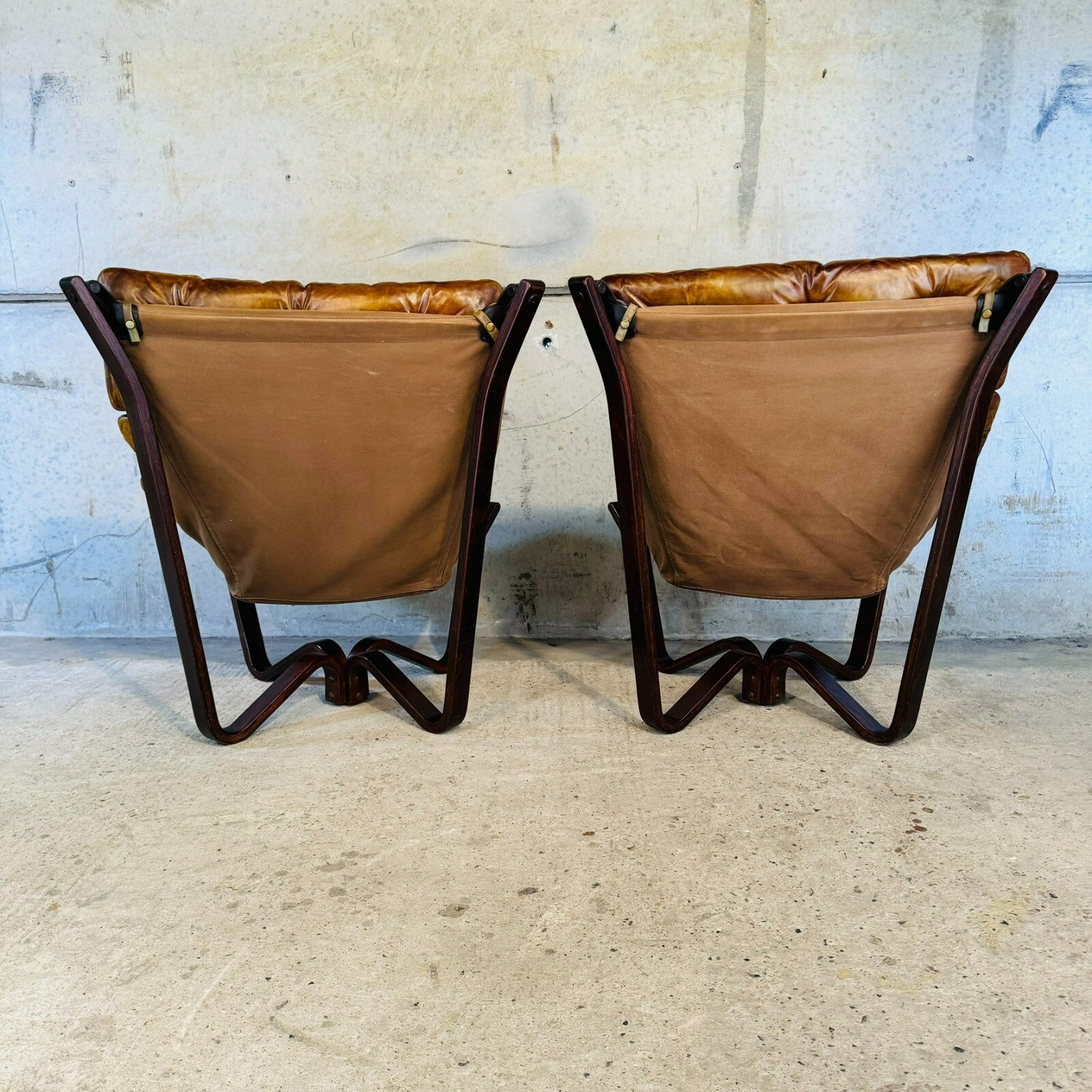 Vintage Pair of 70s Scandinavian Viking Chairs by Jim Myrstad Tan Leather