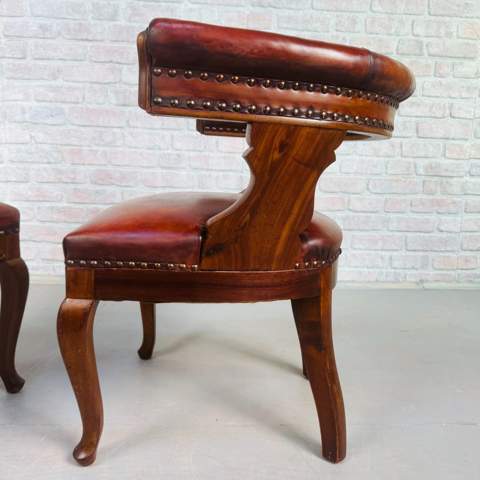 Pair of 40s Antique Danish Tan Leather Partner’s Desk Chairs Walnut Frame