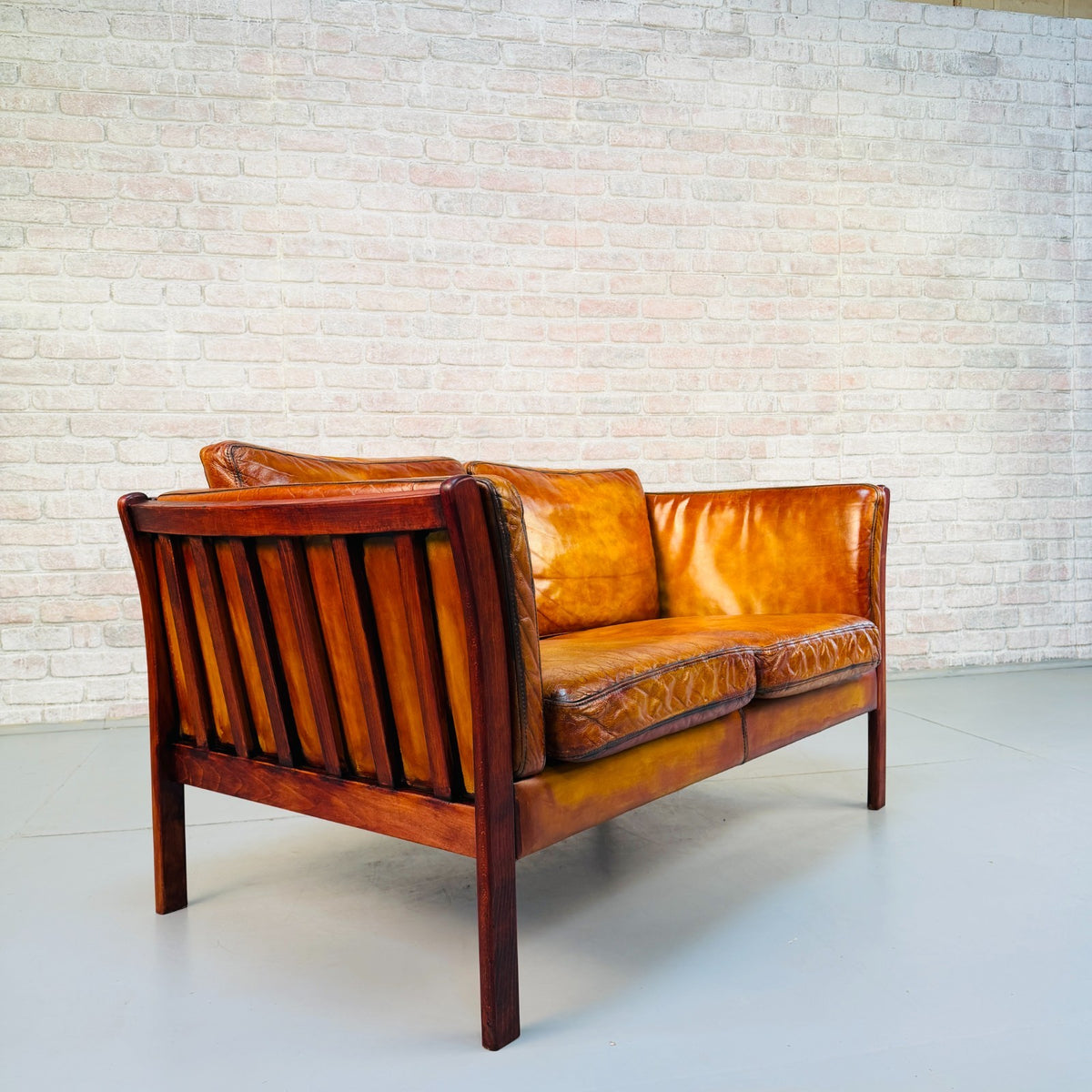 Vintage Danish Tan Leather 2 Seater Sofa – Hand Dyed Beautiful Patina