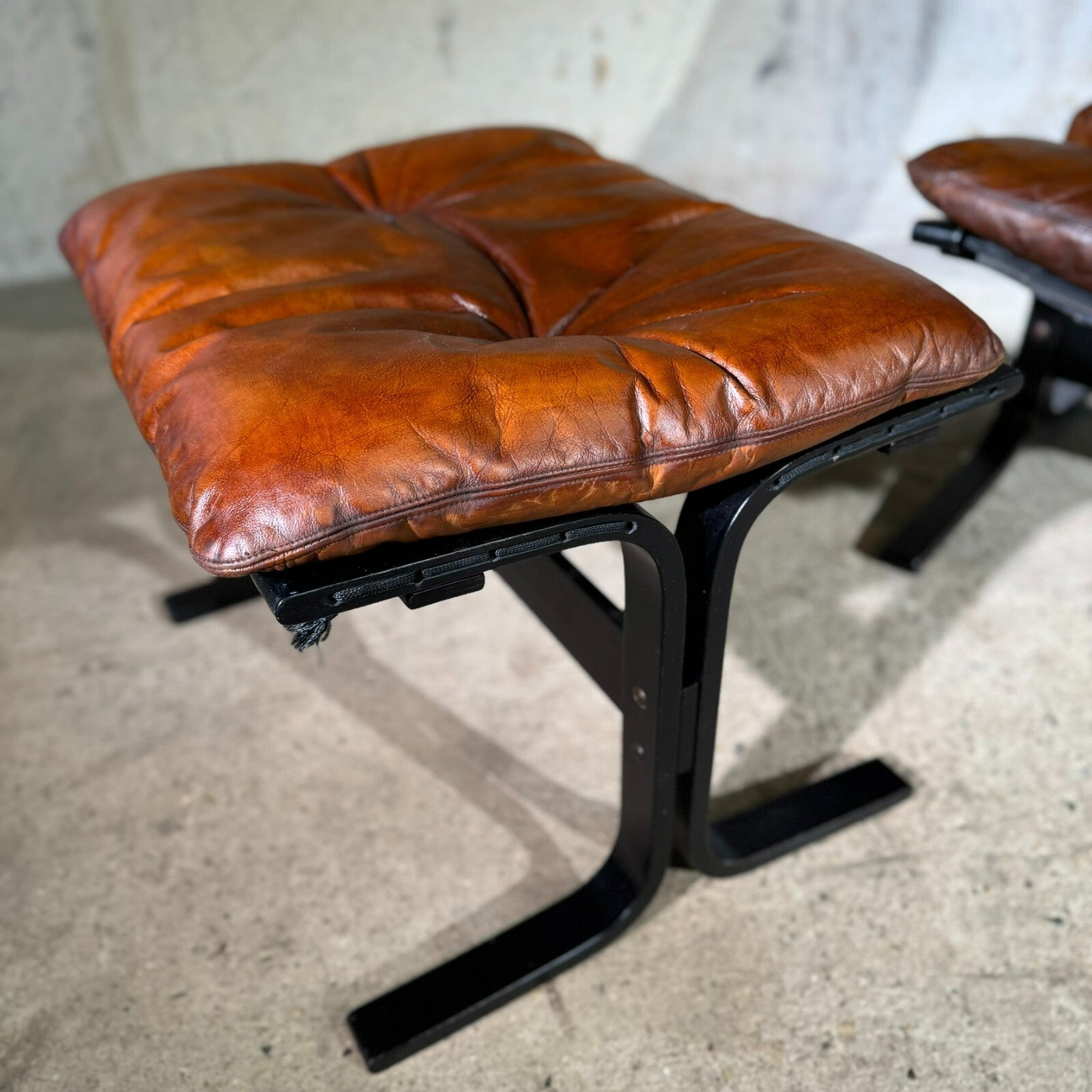 Vintage 1970s Westnofa Highback Tan Leather Chair & Footstool Ebonised Beech