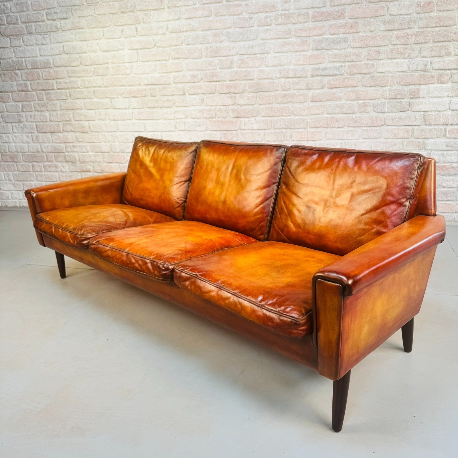 Vintage 1970s Georg Thams Danish Tan Leather Three Seater Sofa