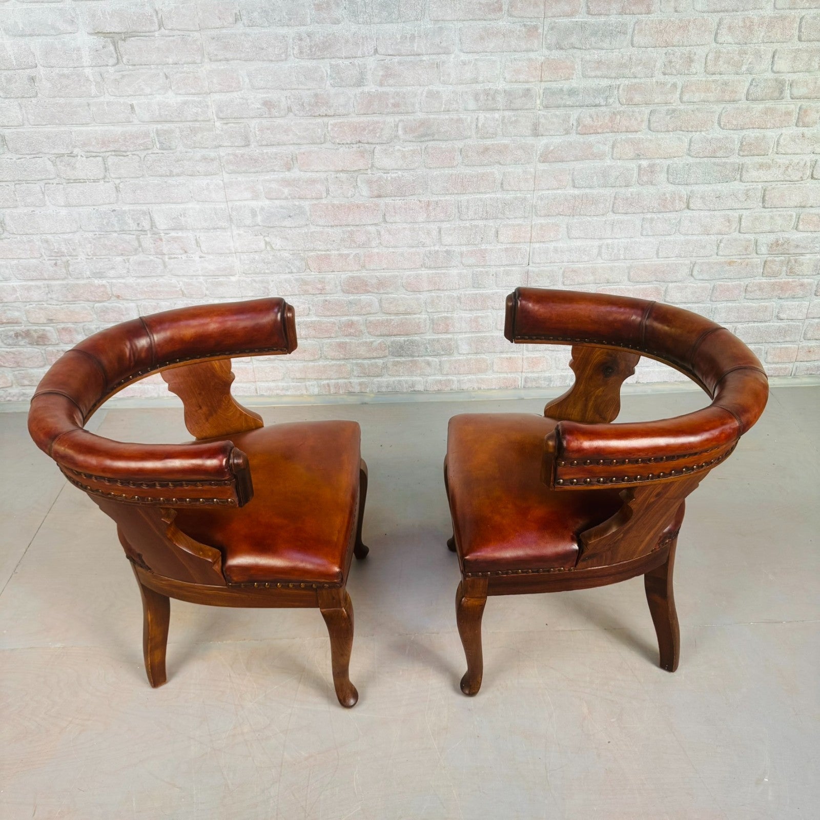 Pair of 40s Antique Danish Tan Leather Partner’s Desk Chairs Walnut Frame