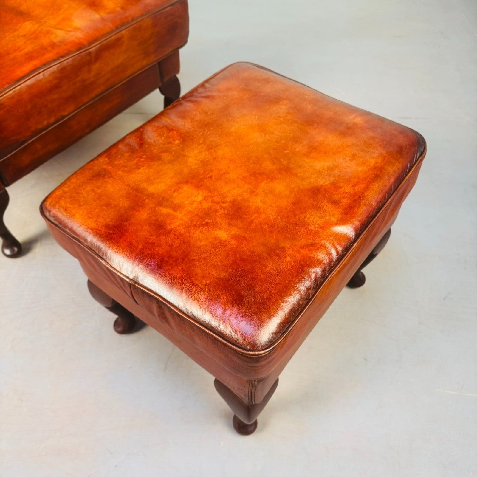 Vintage Danish Wingback Tan Leather Chair & Footstool