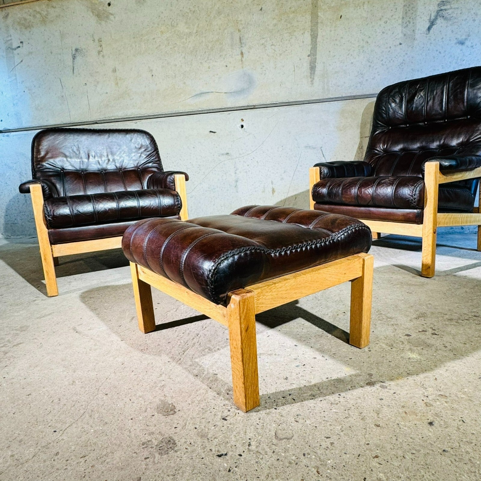 Vintage His and Hers Leather & Oak Swedish Chairs 1970s with Footstool