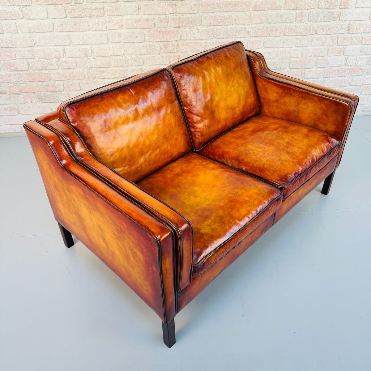 Vintage Stouby Borge Mogensen Style Tan Leather 2 Seater Danish Sofa