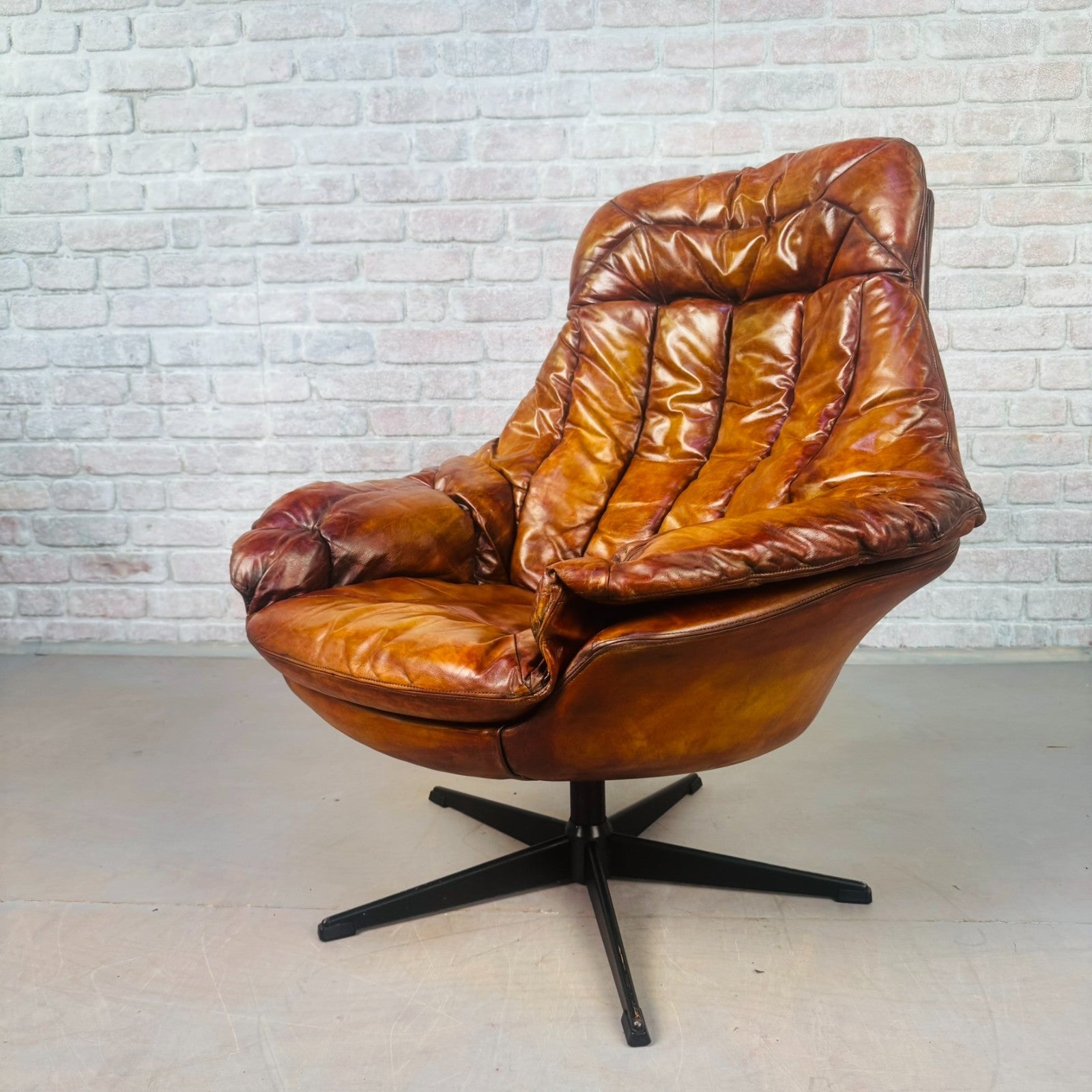 Vintage Danish H.W. Klein Egg Chair by Bramin Tan Leather Swivel Mid Century