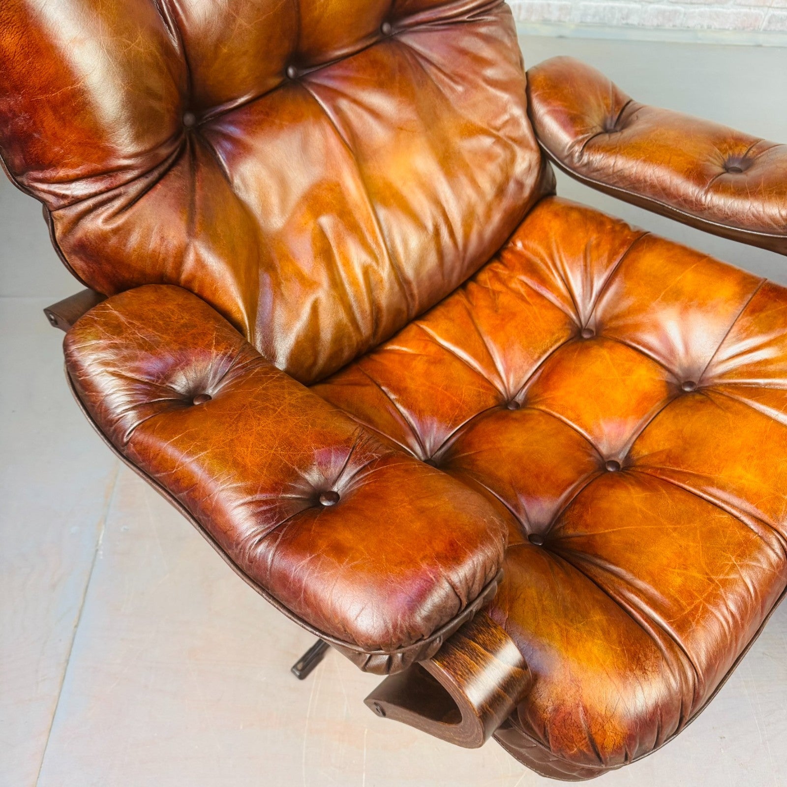Pair of Vintage Danish Tan Leather Swivel Chairs Stylish