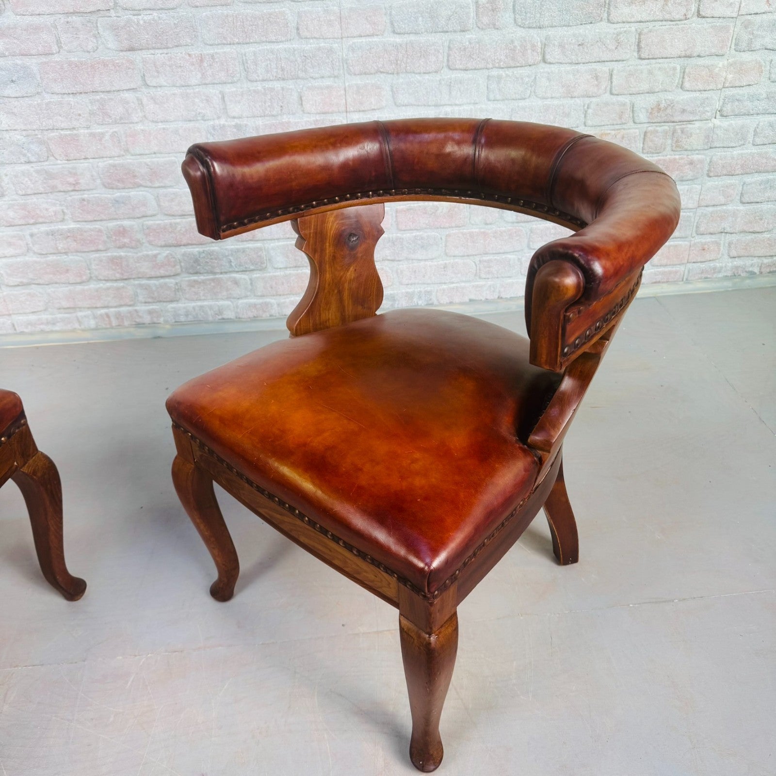 Pair of 40s Antique Danish Tan Leather Partner’s Desk Chairs Walnut Frame