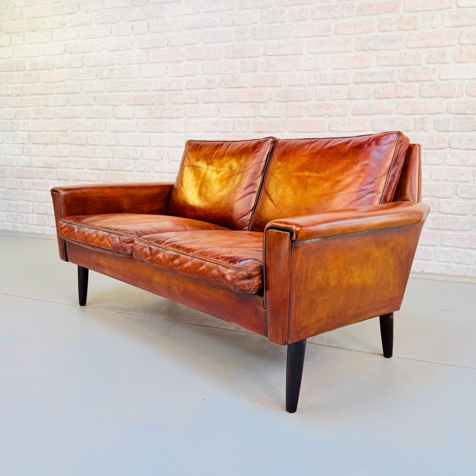 Vintage 1970s George Thams Tan Leather 2 Seater Sofa Hand Dyed Patina