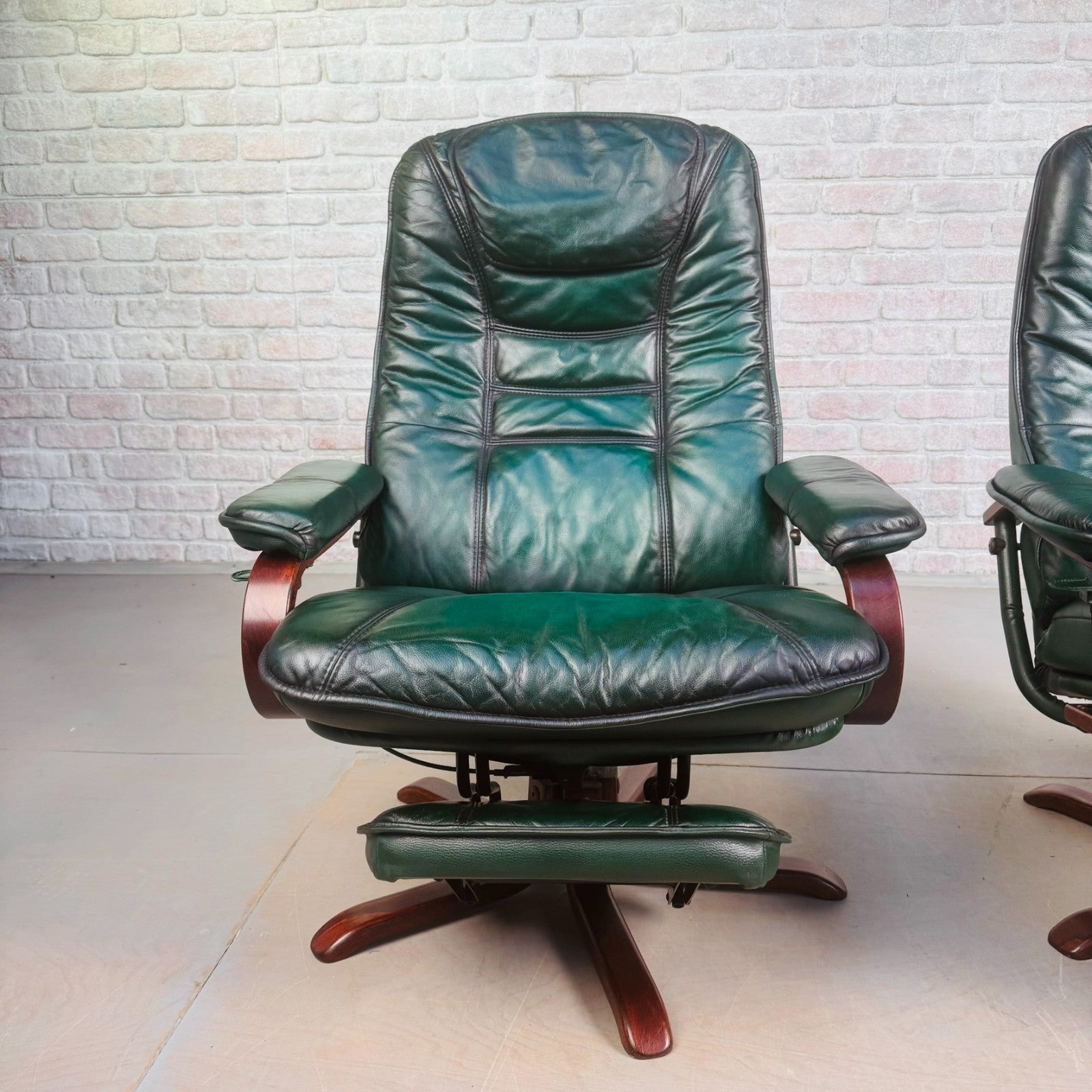 Vintage Pair of Norwegian Green Leather Reclining Swivel Chairs with Footstools