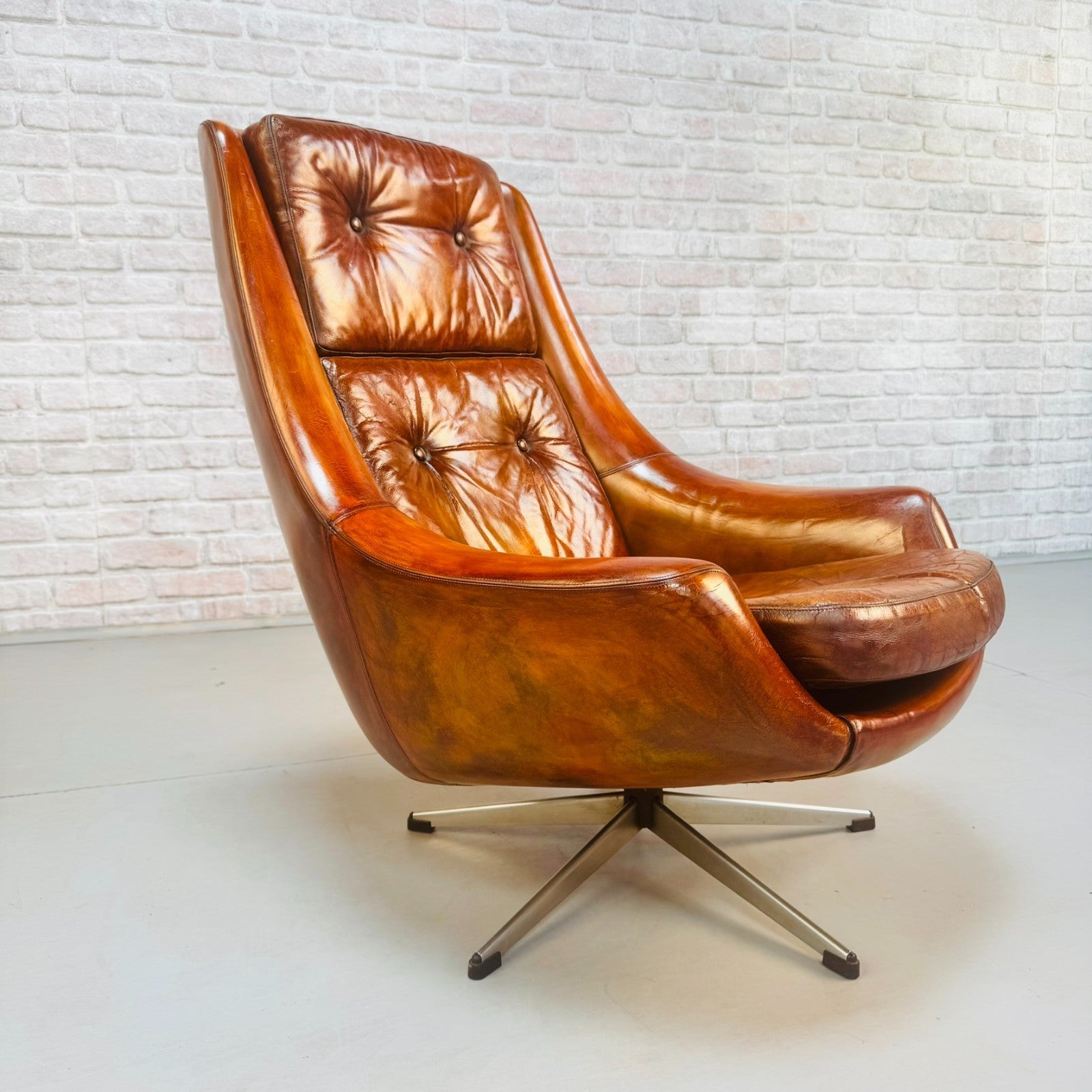 Vintage 1970s Danish Swivel Tan Leather Egg Chair Armchair