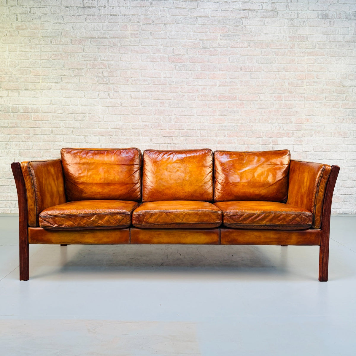 Vintage Danish Tan Leather 3 Seater Sofa – Hand Dyed Beautiful Patina