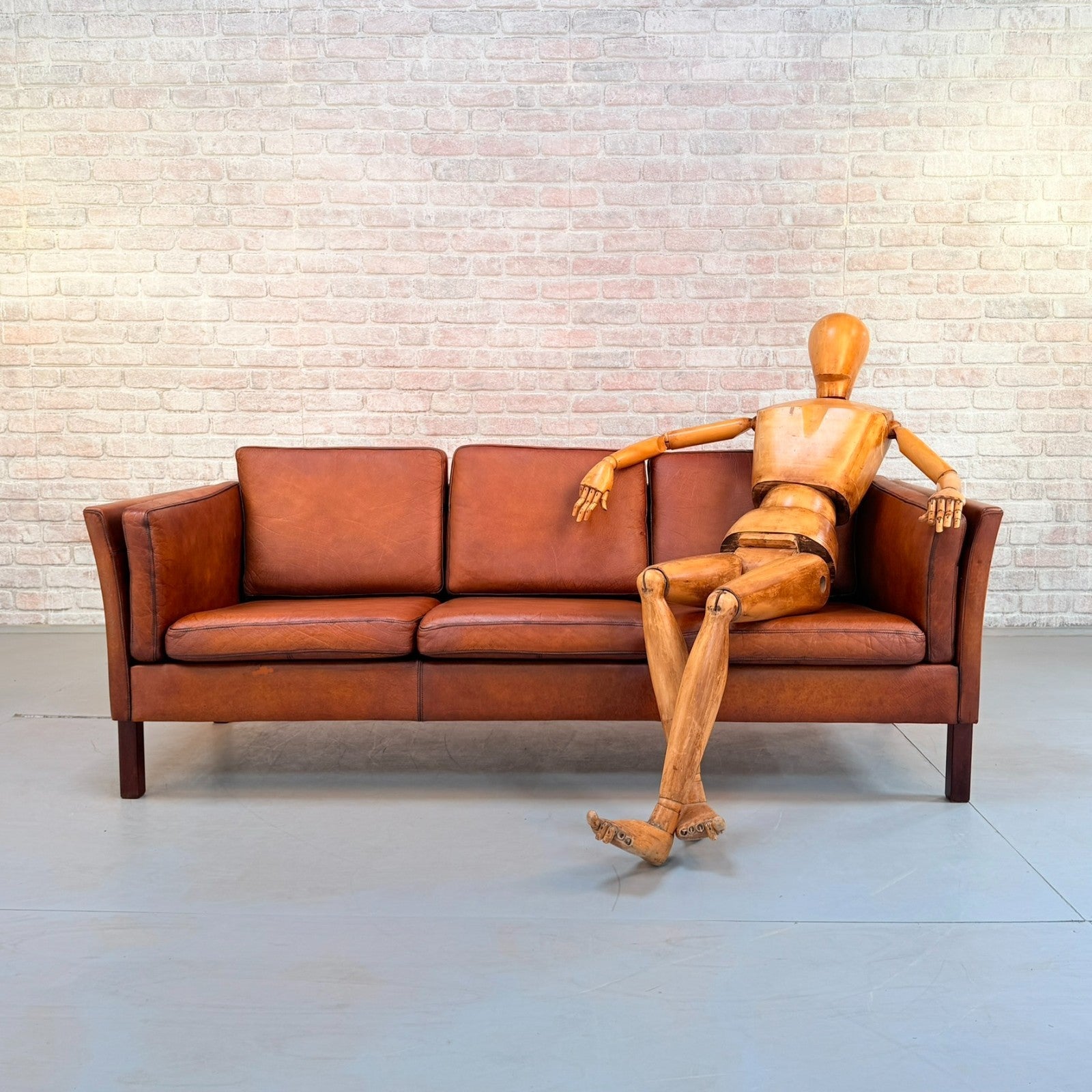 Vintage 1970s Danish Tan Leather 3 Seater Sofa Hand Dyed Buffalo Leather
