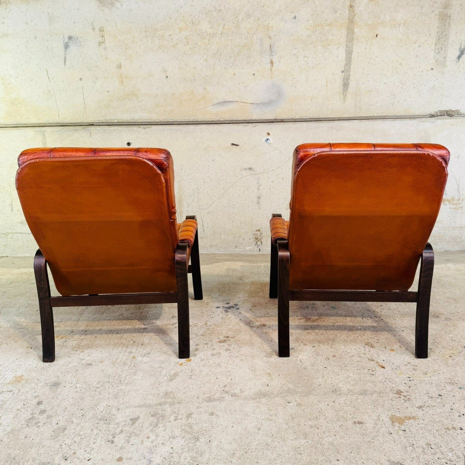 Pair of 1970s Danish Vintage Patchwork Tan Leather Bentwood Chairs