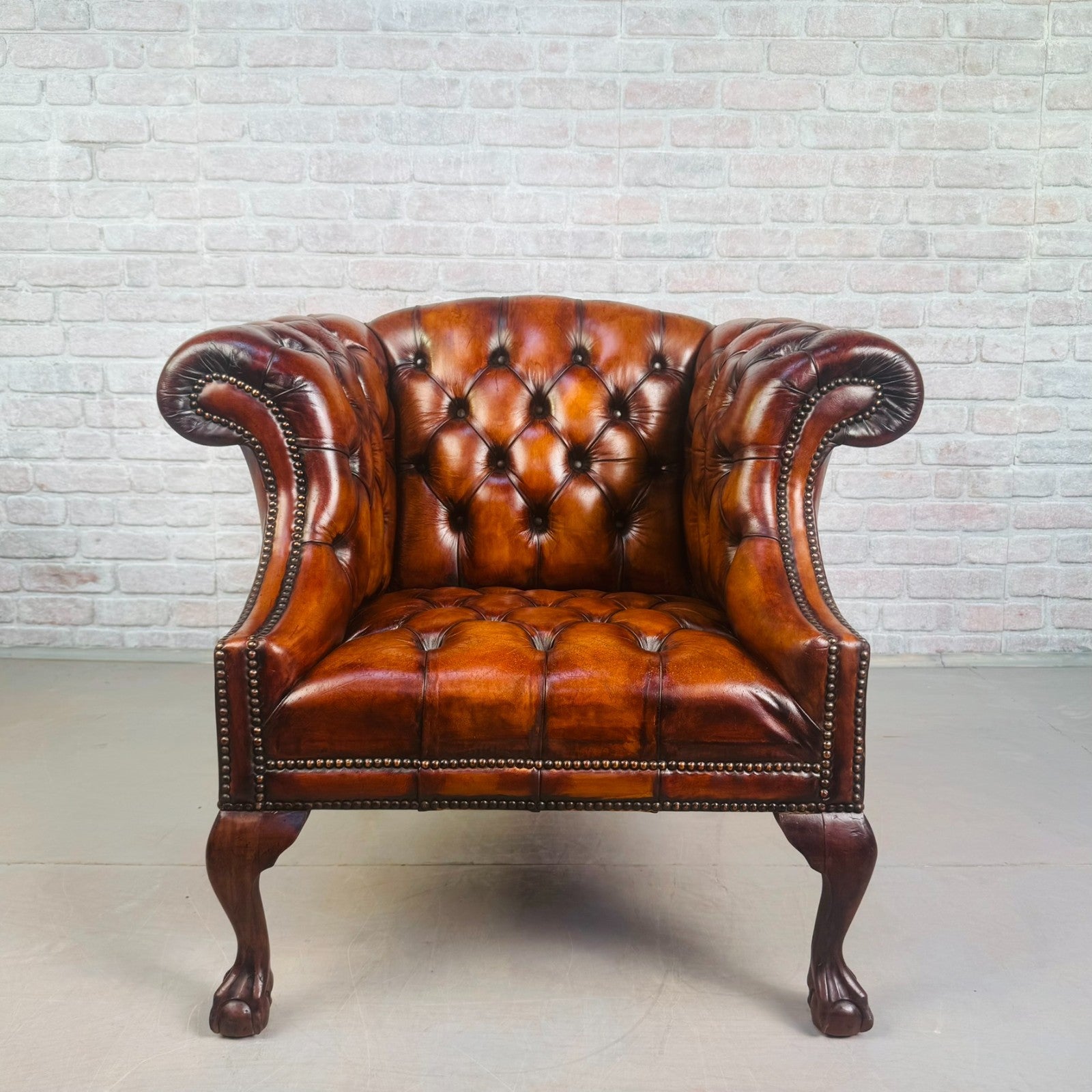 Vintage English Chesterfield Tan Leather Armchair Ball & Claw Mahogany Chair