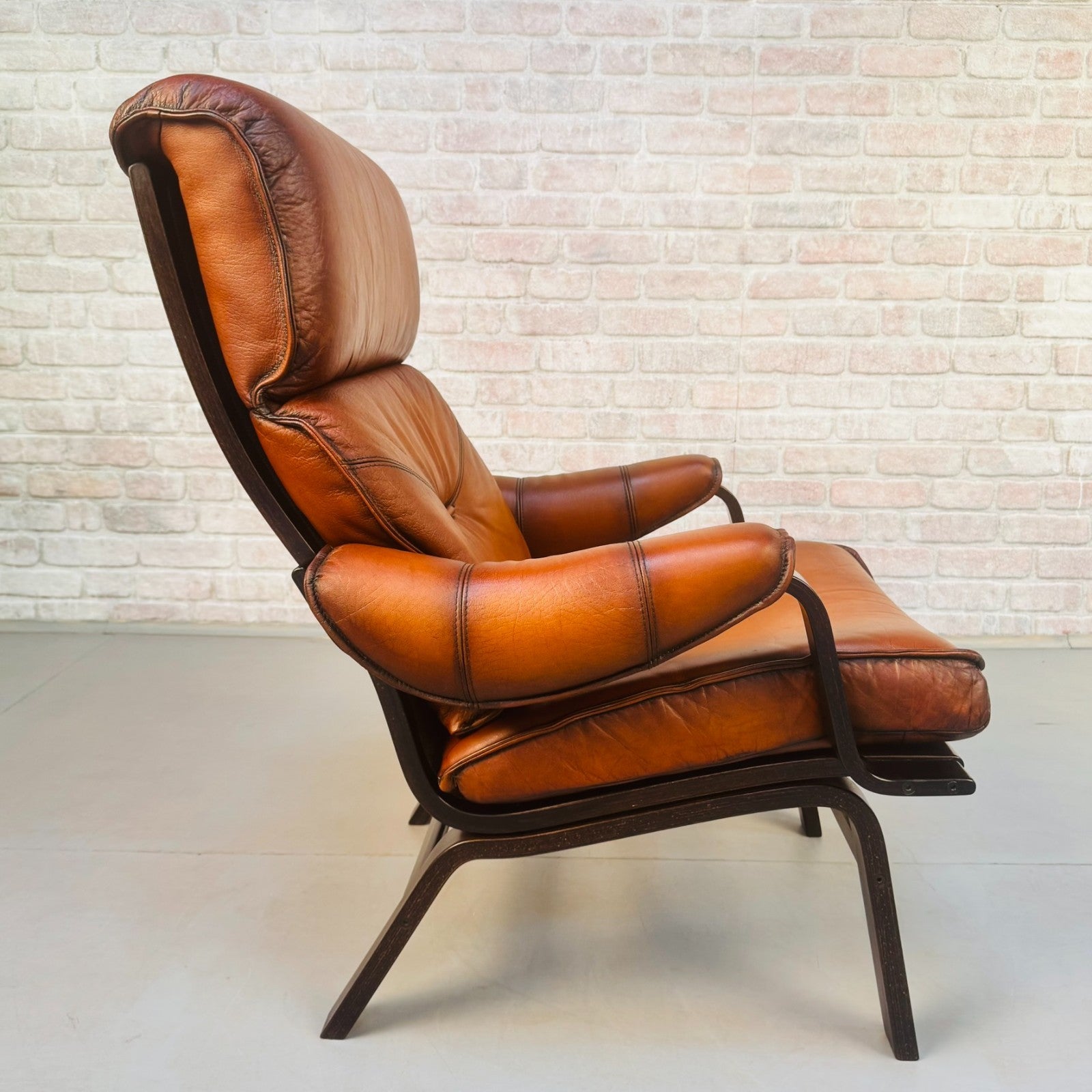 Vintage Danish High Back Armchair | Hand Dyed Tan Buffalo Leather | Beech Frame