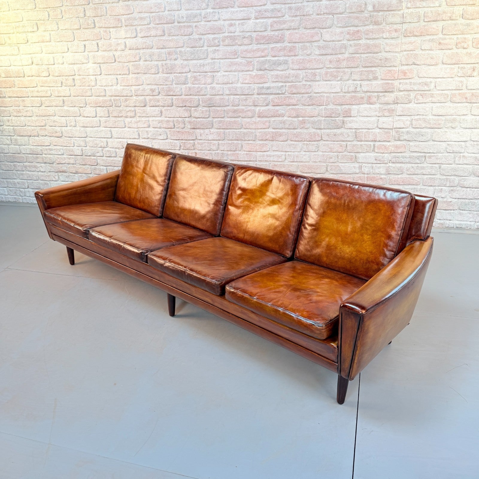Vintage 1970s Danish George Thams Tan Hand-Dyed Leather Four Seater Sofa