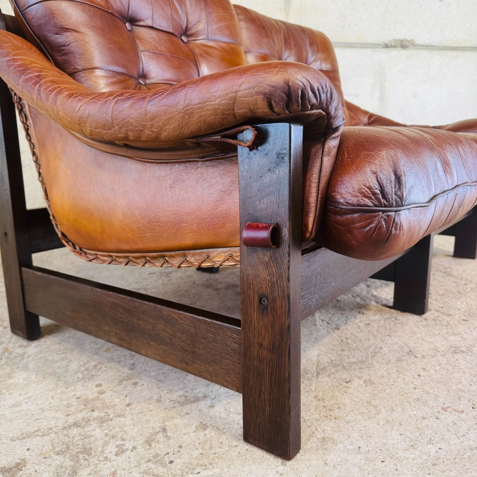 1970s Jean Gillon Brazilian Oak & Tan Leather Two-Seater Sofa — Rustic