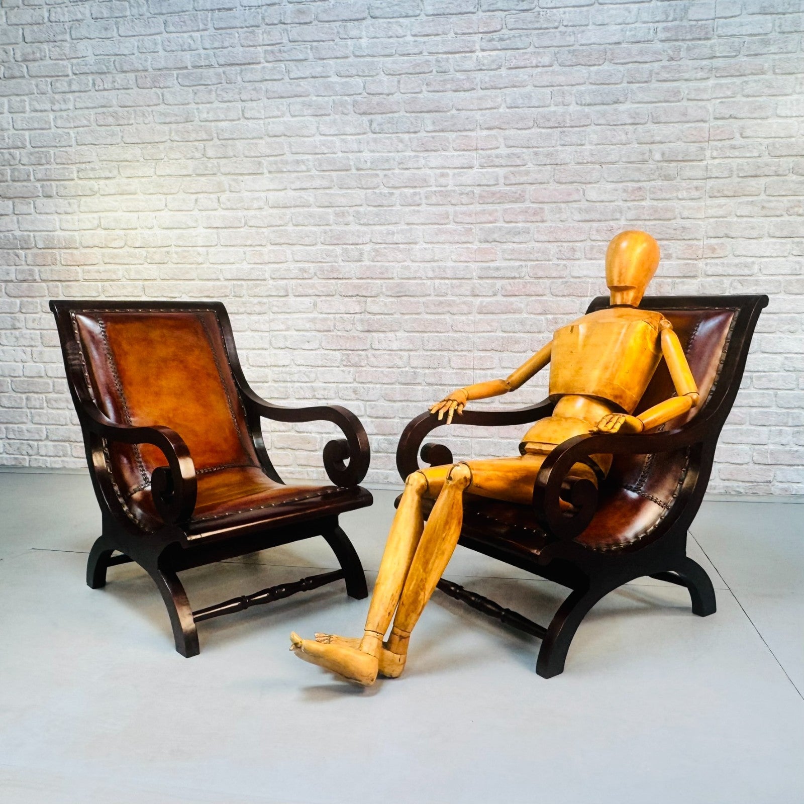 Vintage Danish Pair of Tan Leather Slipper Lounge Armchairs Mahogany Frame 1970s