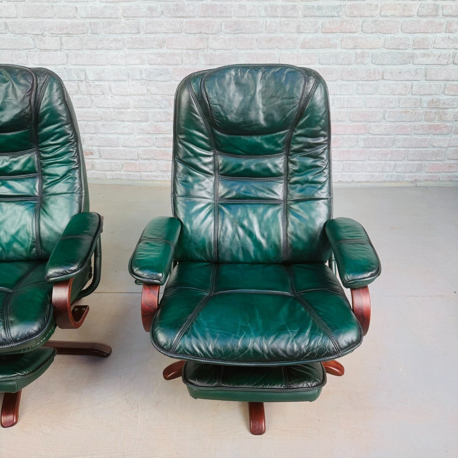 Vintage Pair of Norwegian Green Leather Reclining Swivel Chairs with Footstools
