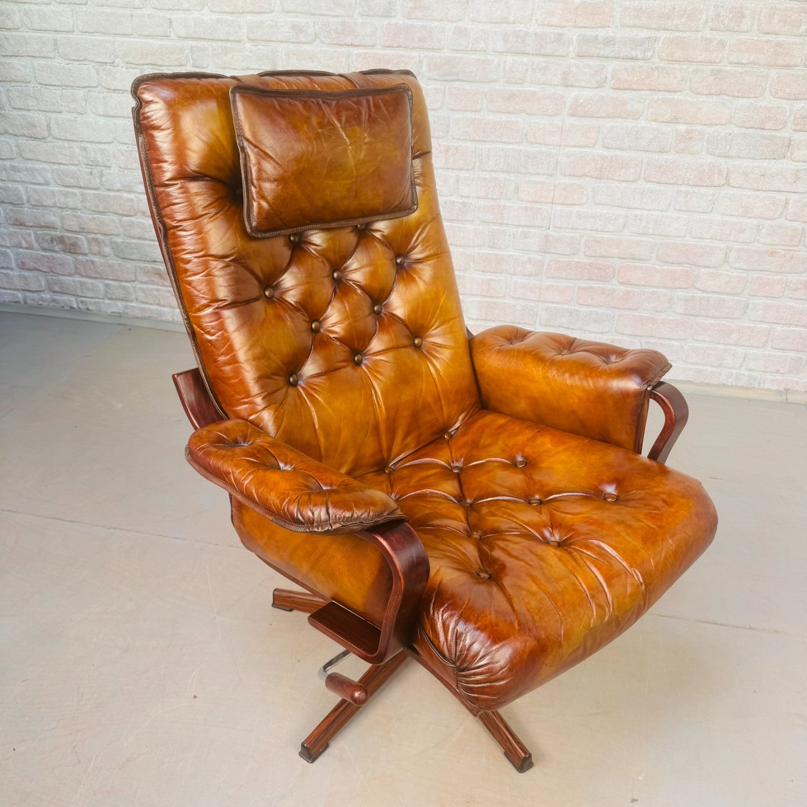 Vintage Scandinavian Tan Leather Swivel Chair