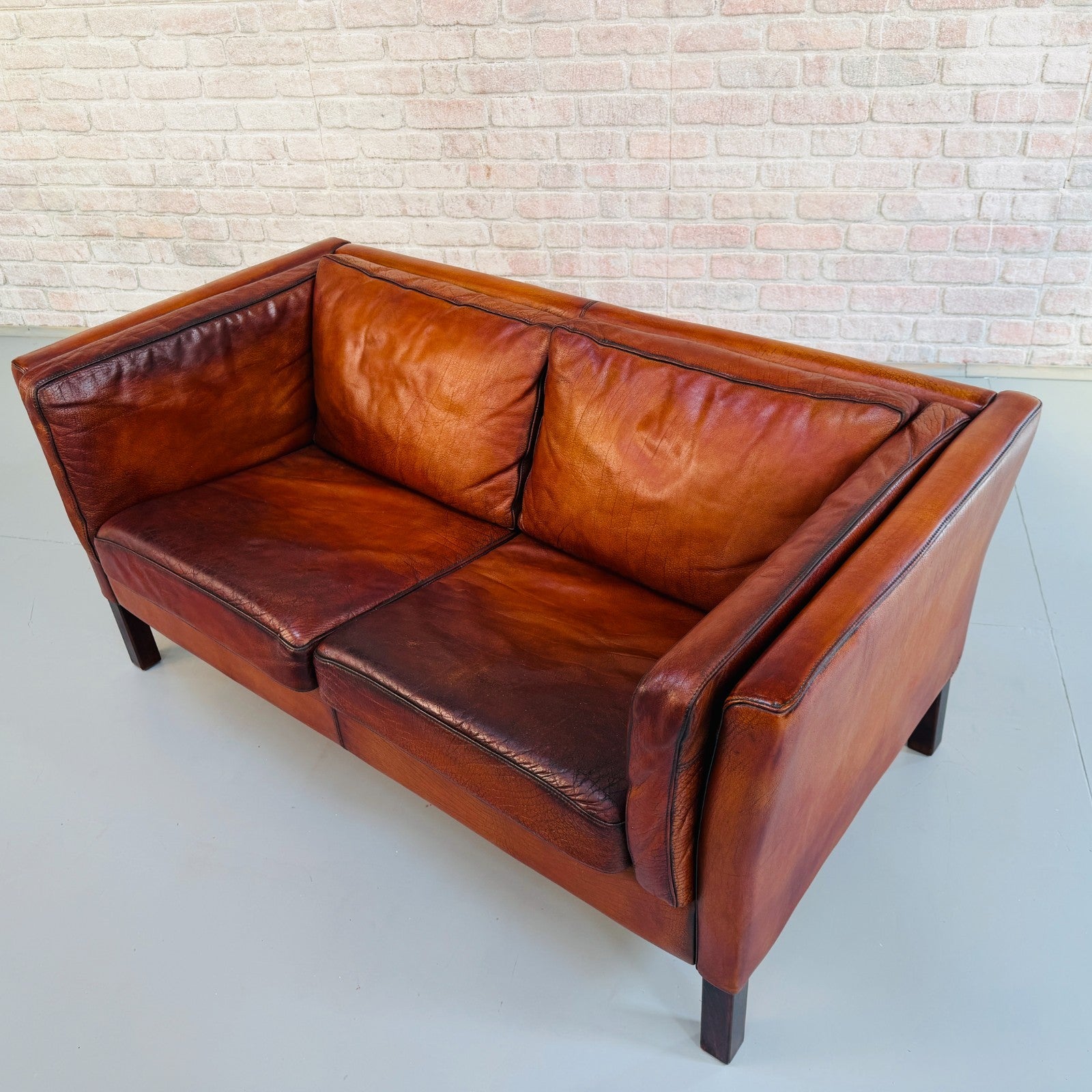 Vintage 1970s Danish Tan Leather Box Two Seater Sofa