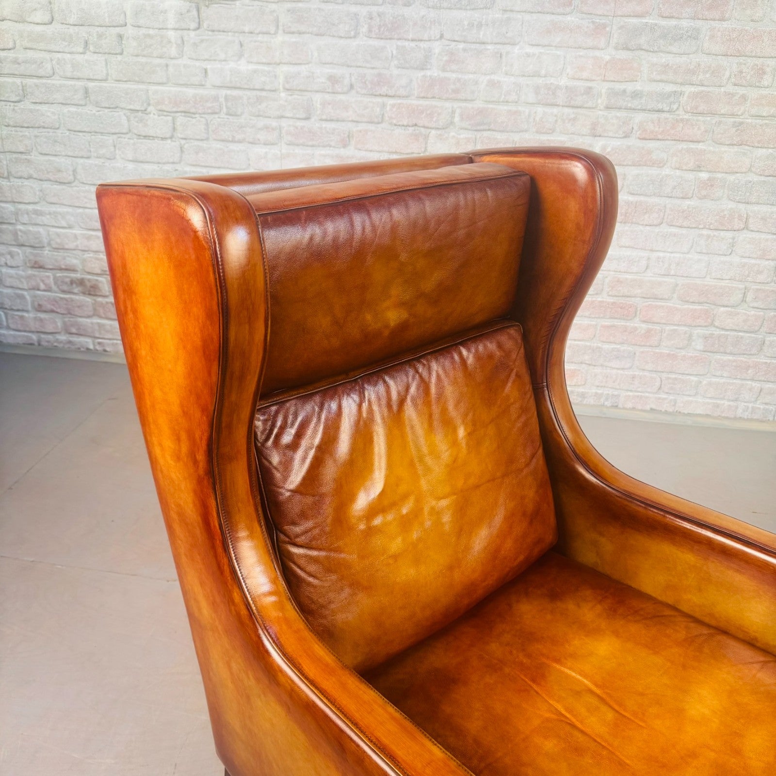 Vintage 1970s Danish High Back Tan Leather Armchair Mid Century Lounge Chair