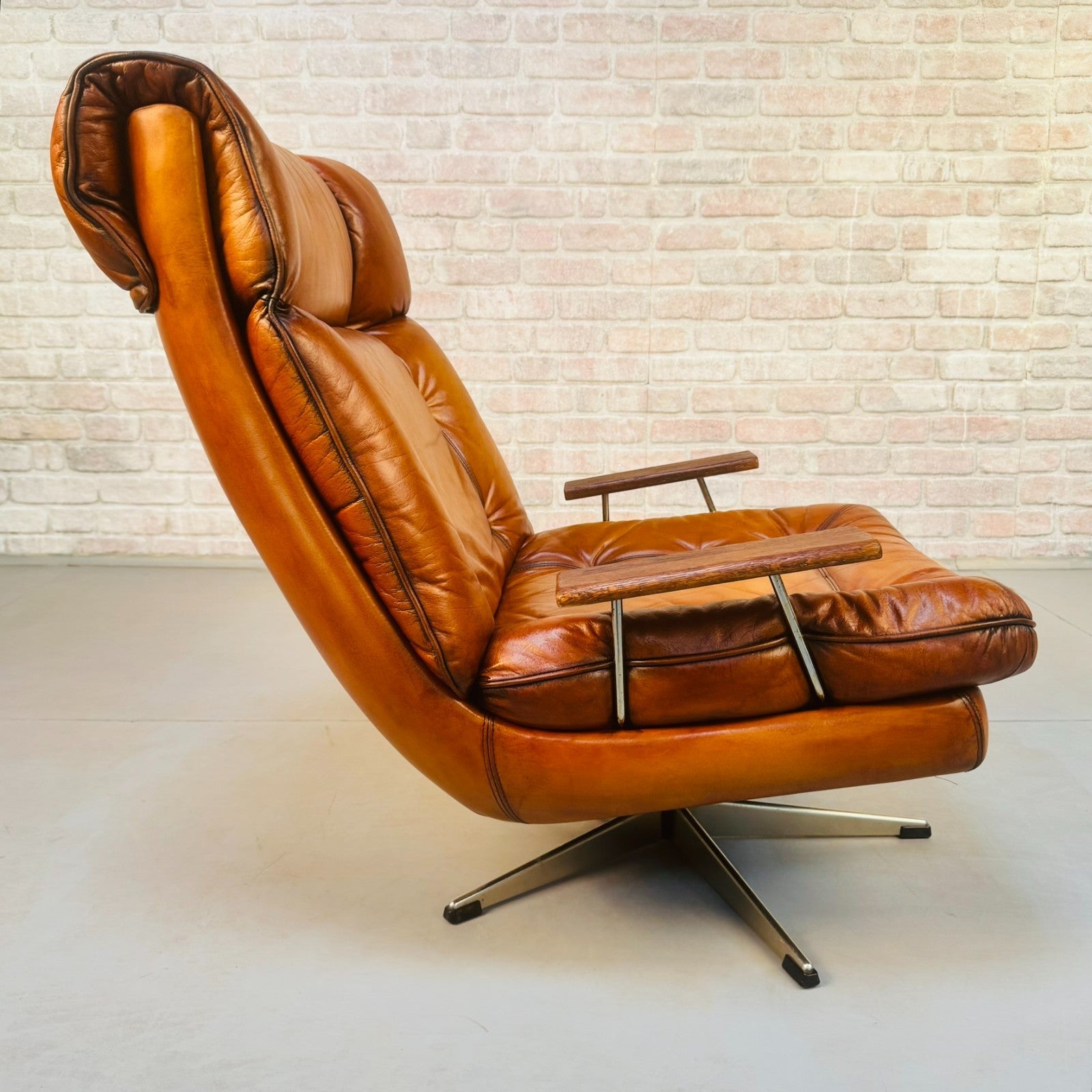 Vintage Danish Swivel Armchair Hand Dyed Tan Leather | Scandinavian Lounge