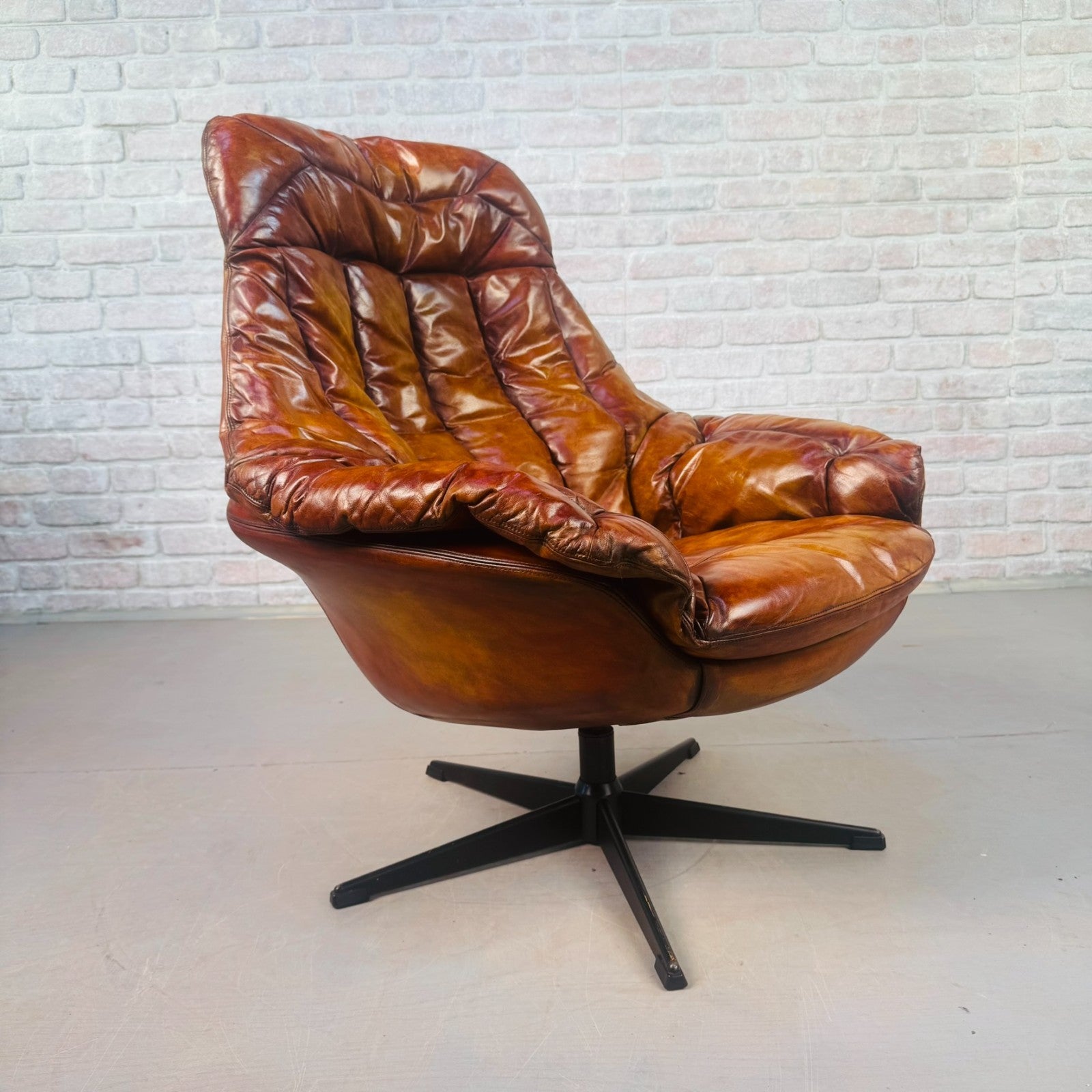Vintage Danish H.W. Klein Egg Chair by Bramin Tan Leather Swivel Mid Century
