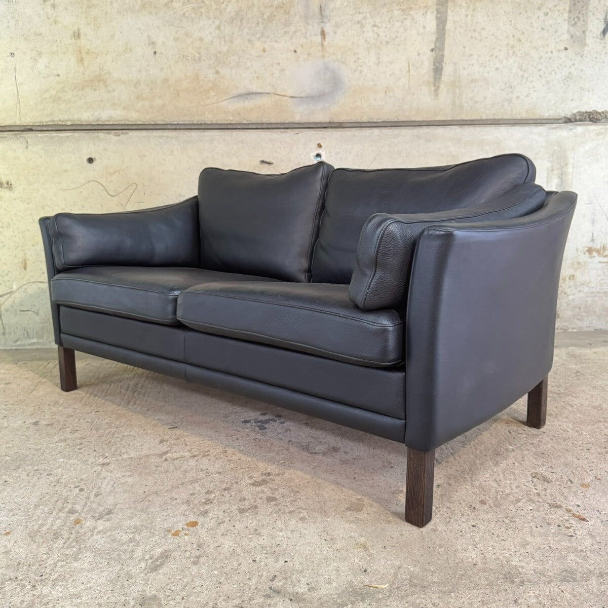 Vintage Danish Mogens Hansen Two-Seater Black Leather Sofa