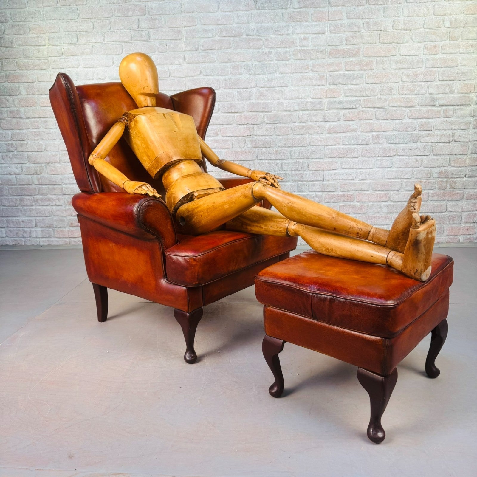 Vintage Danish Wingback Tan Leather Chair & Footstool