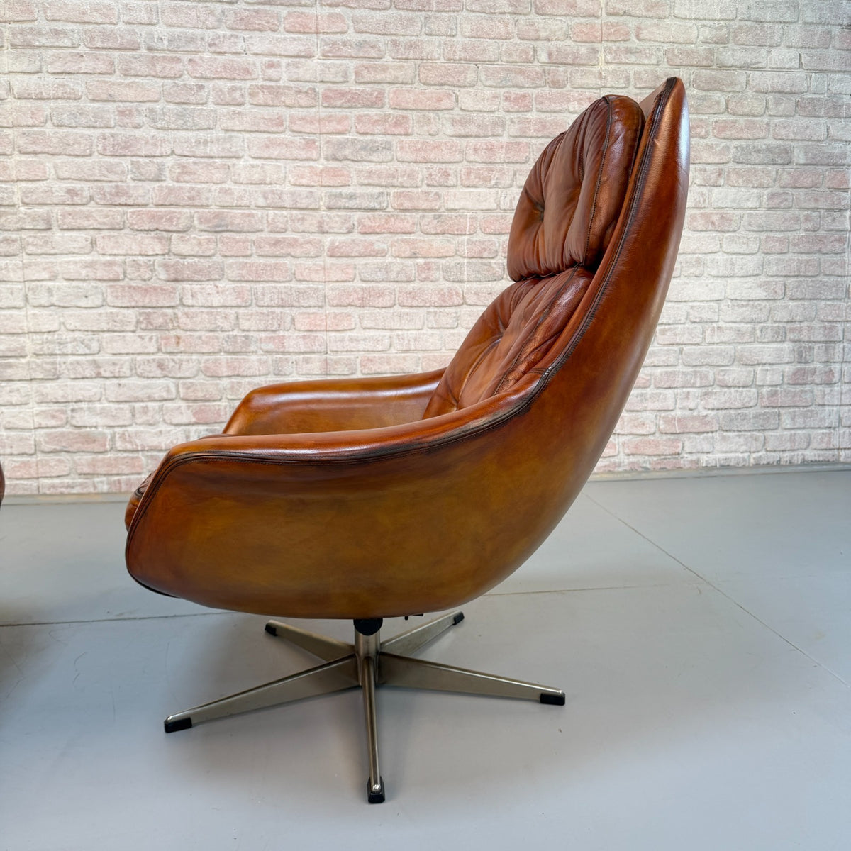 Vintage 1970s H.W. Klein Danish Tan Leather Swivel Egg Chairs & Footstool