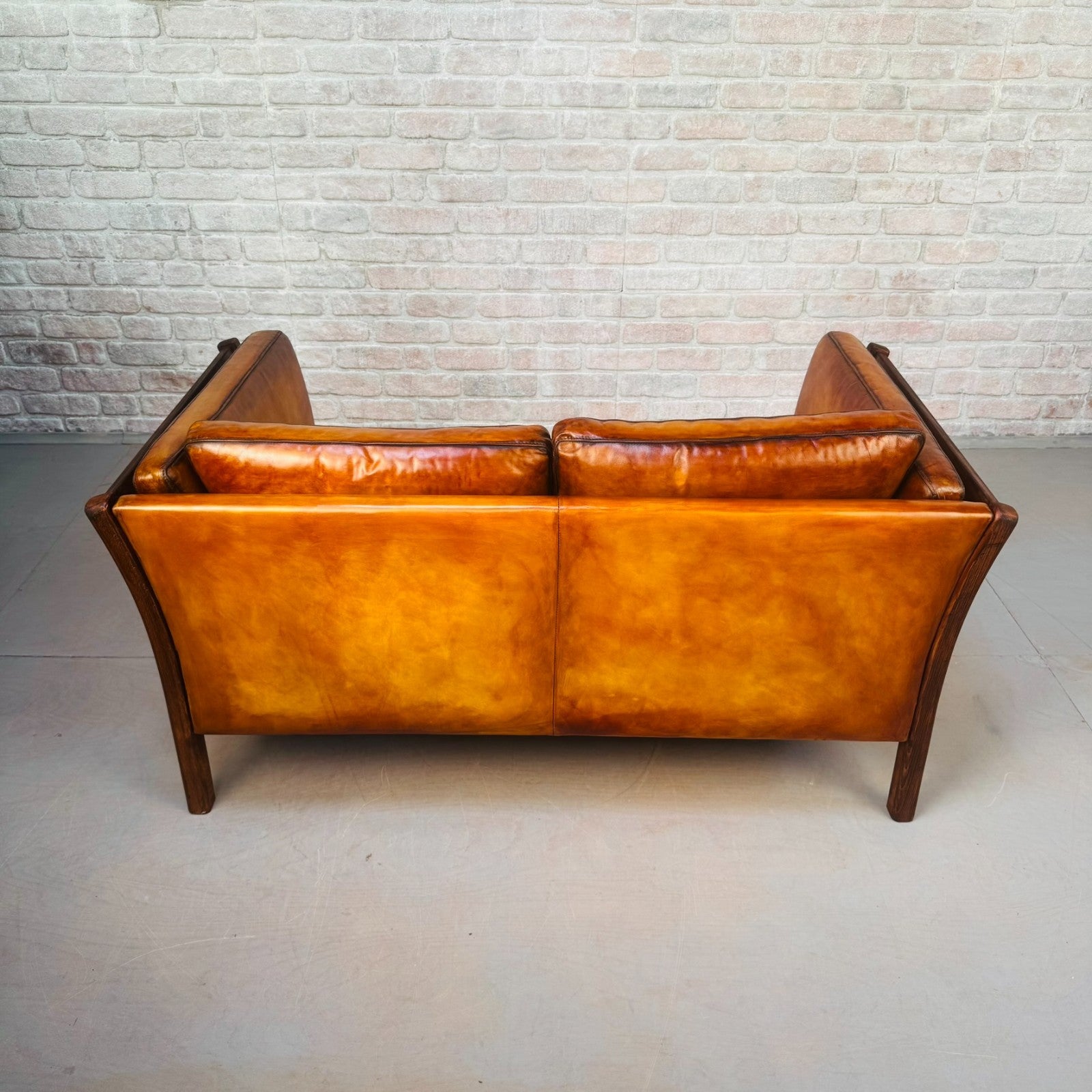 Vintage Danish Stouby Tan Leather Two Seater Sofa