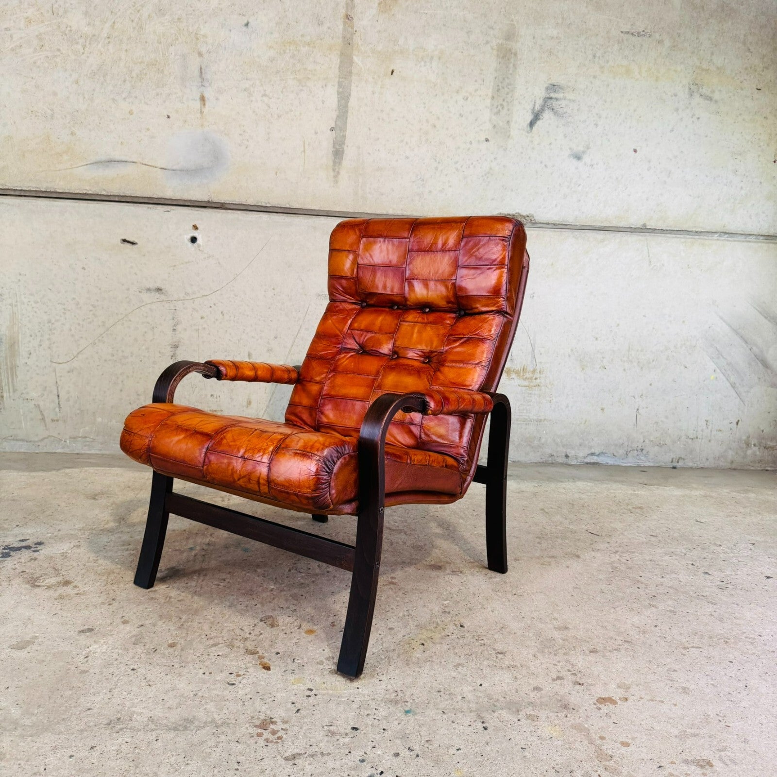 Pair of 1970s Danish Vintage Patchwork Tan Leather Bentwood Chairs