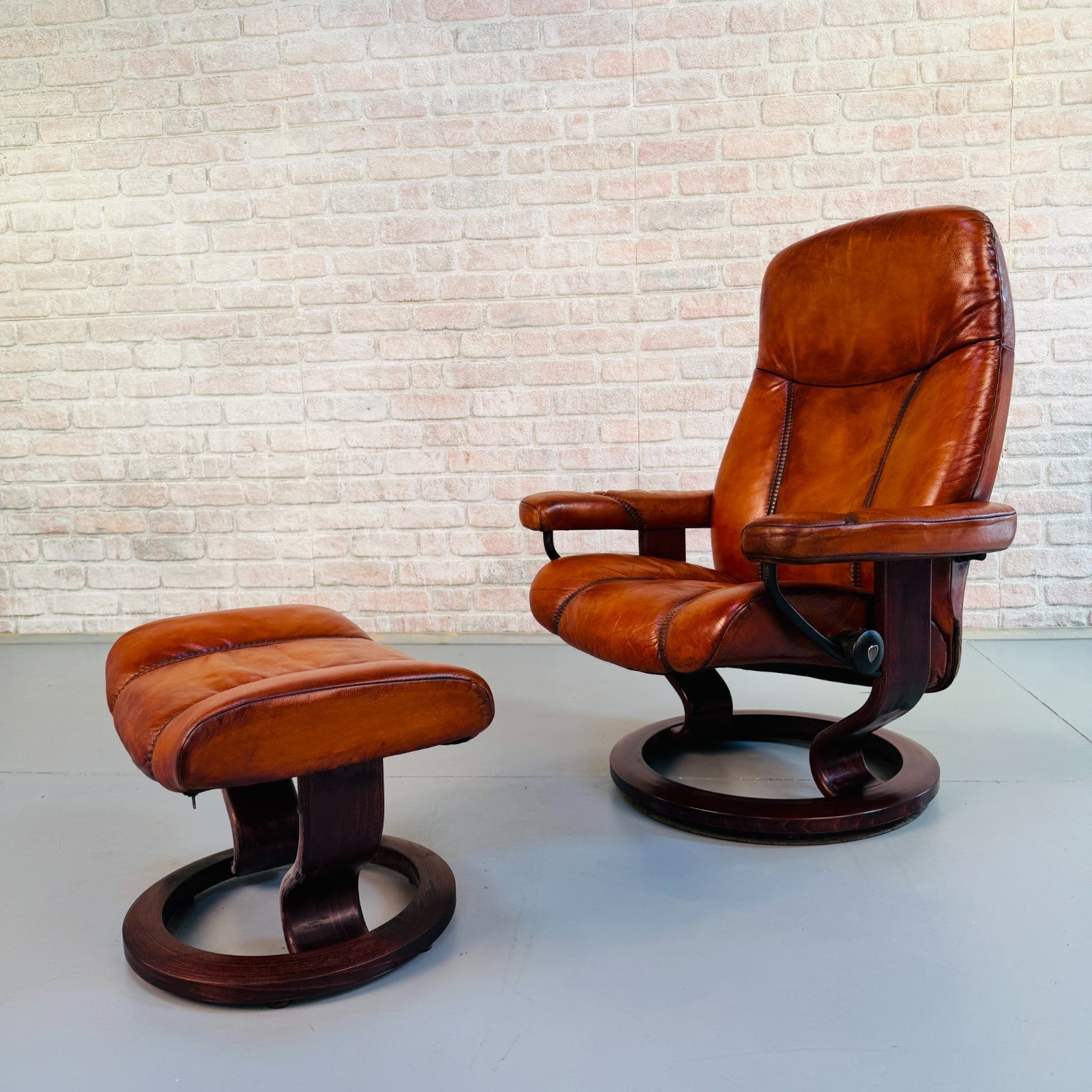 Vintage Danish Ekornes Reclining Swivel Armchair Tan Leather with Footstool