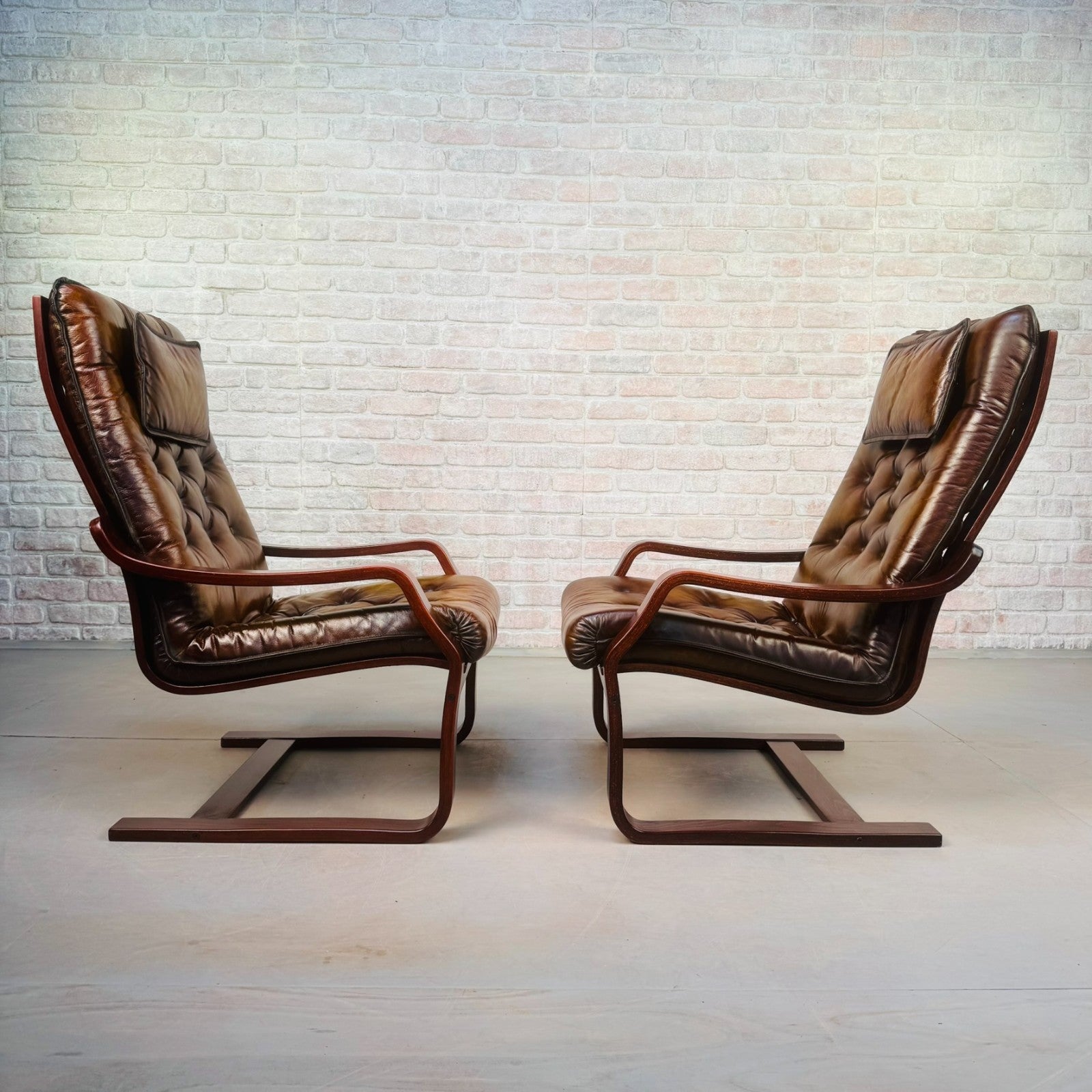 Pair of Vintage Scandinavian Tan Leather Bentwood Armchairs