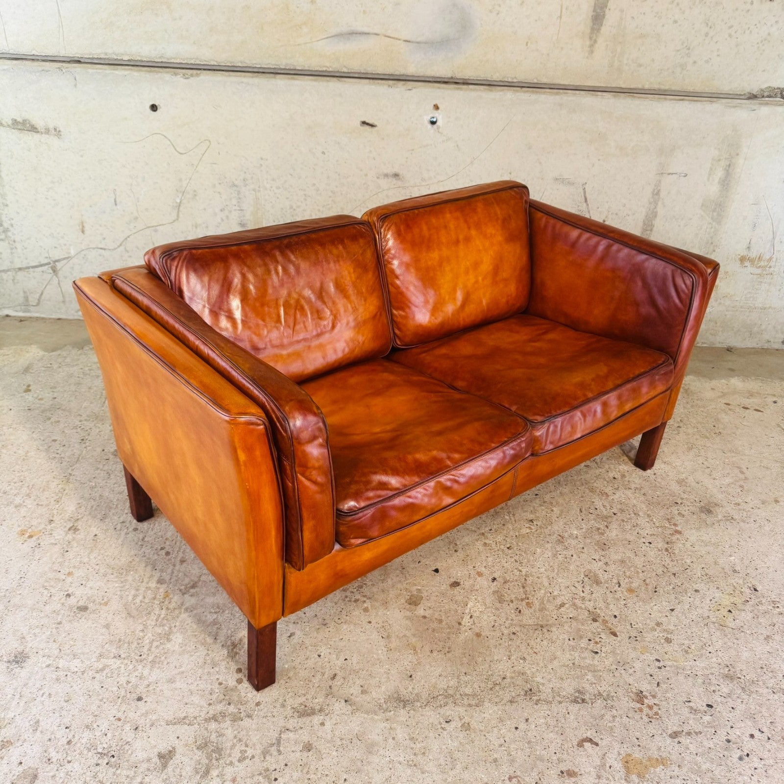 Danish Light Tan Leather 2 Seater Sofa — Elegant Lines