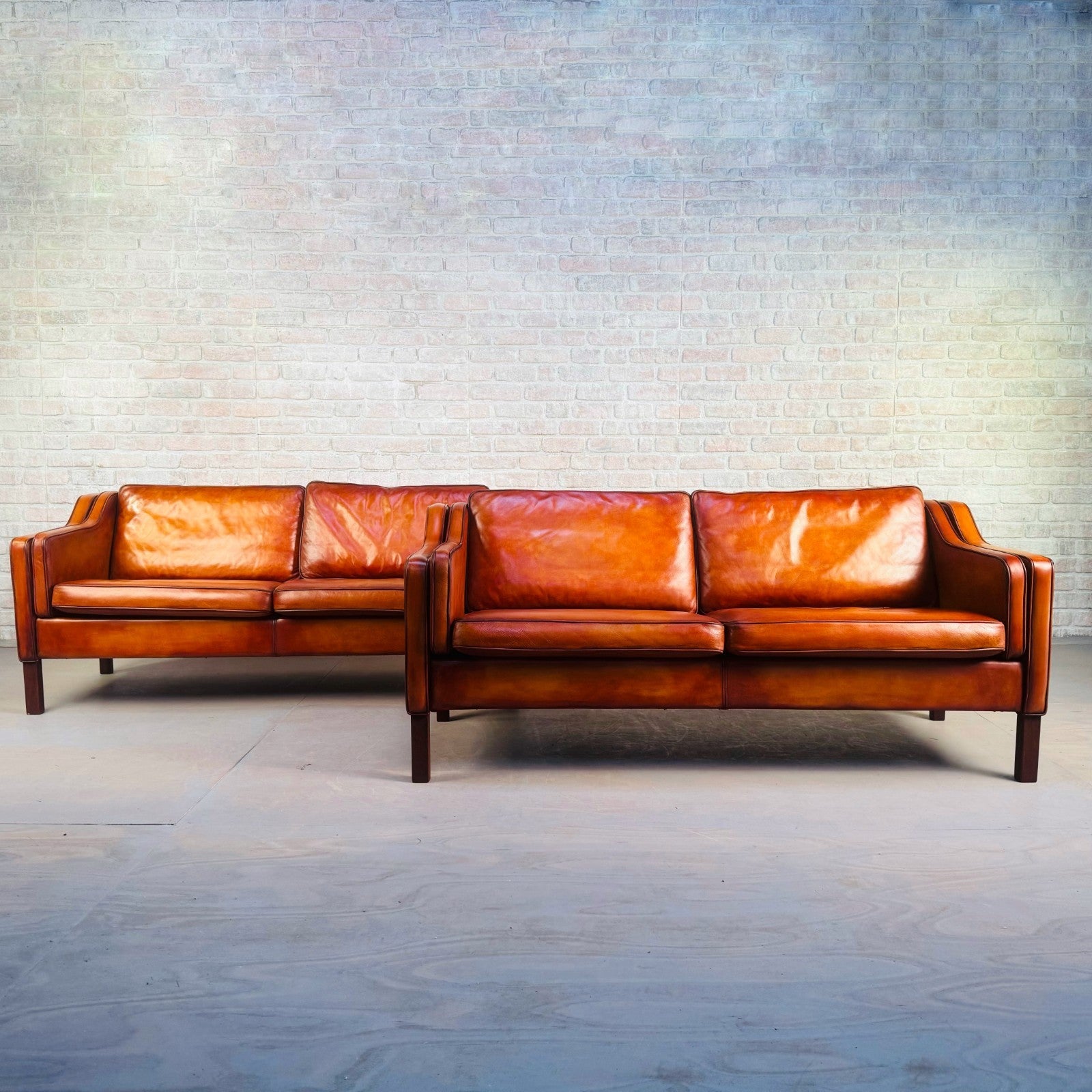 Stylish Pair of Vintage Danish Tan Leather 2.5 Seater Sofas