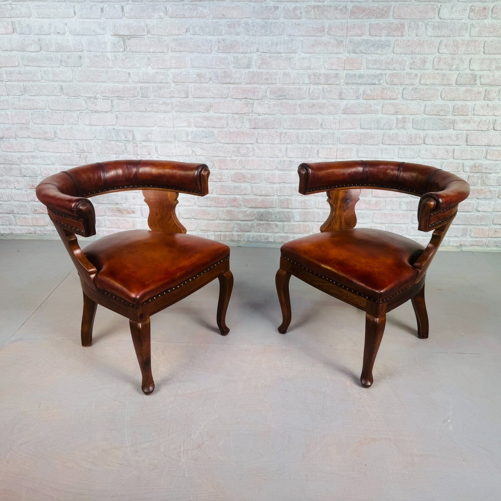 Pair of 40s Antique Danish Tan Leather Partner’s Desk Chairs Walnut Frame