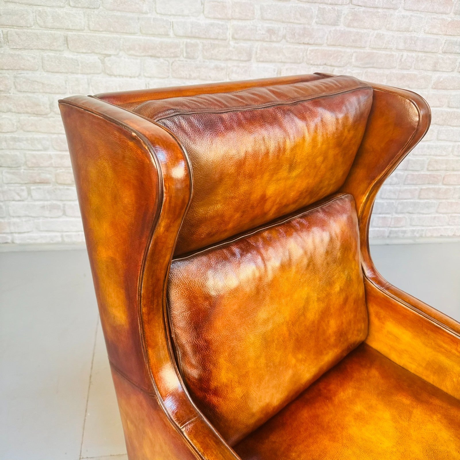 Pair Vintage Danish Wingback Chairs & Footstool Tan Leather Lounge Set