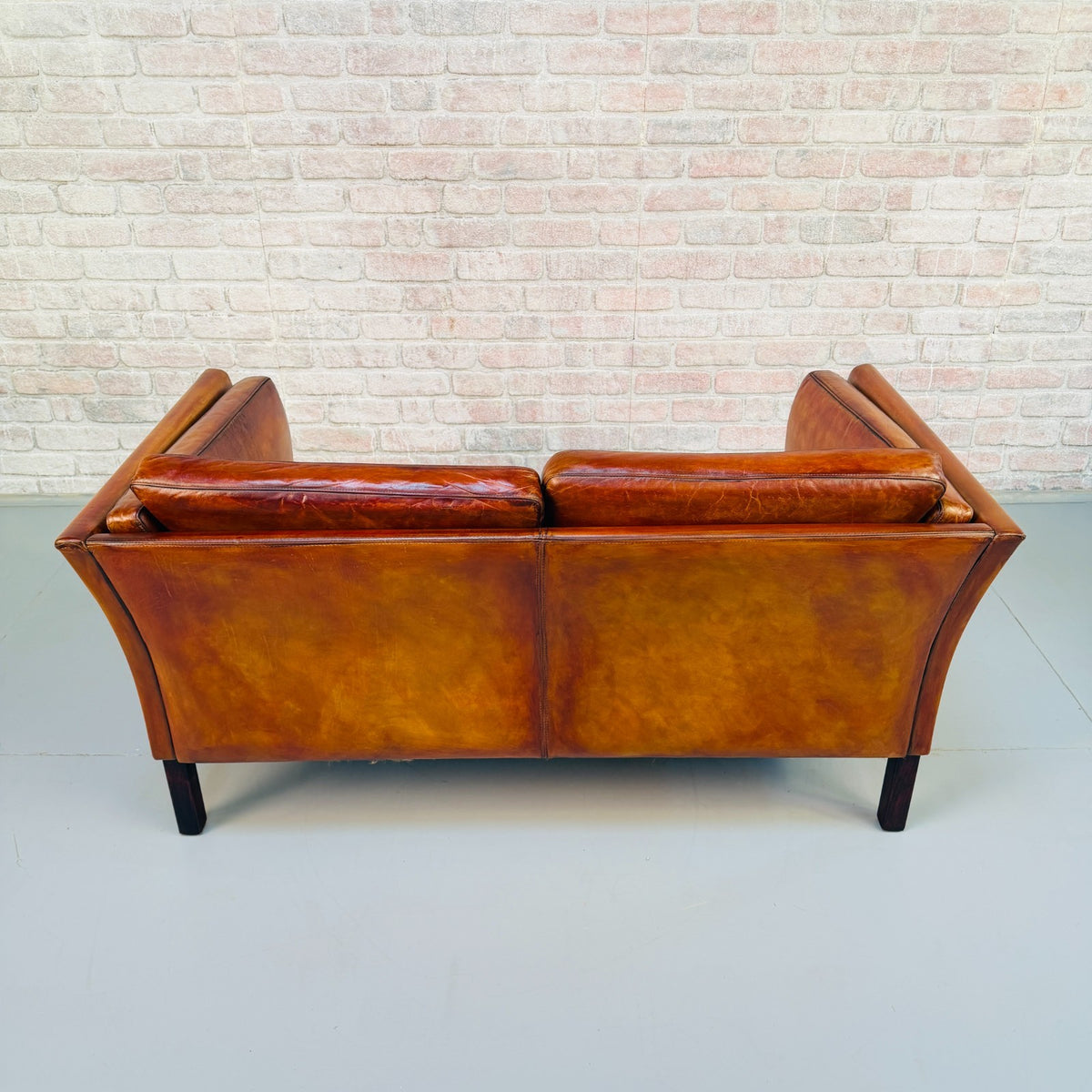 Vintage Danish Tan Leather 2 Seater Sofa – Mid Century Modern Hand Dyed Patina