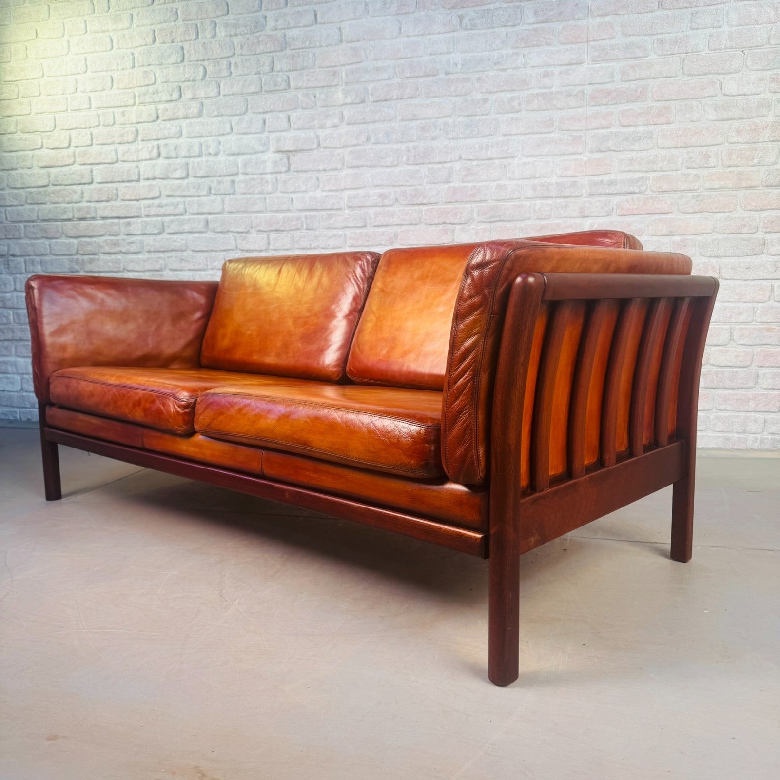 Vintage Danish 2.5 Seater Cognac Leather Sofa Beech Frame Mid Century