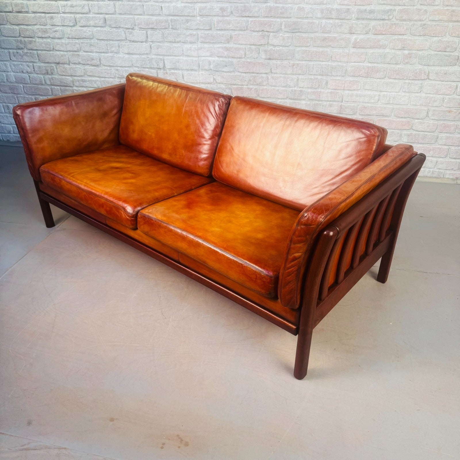 Vintage Danish 2.5 Seater Cognac Leather Sofa Beech Frame Mid Century