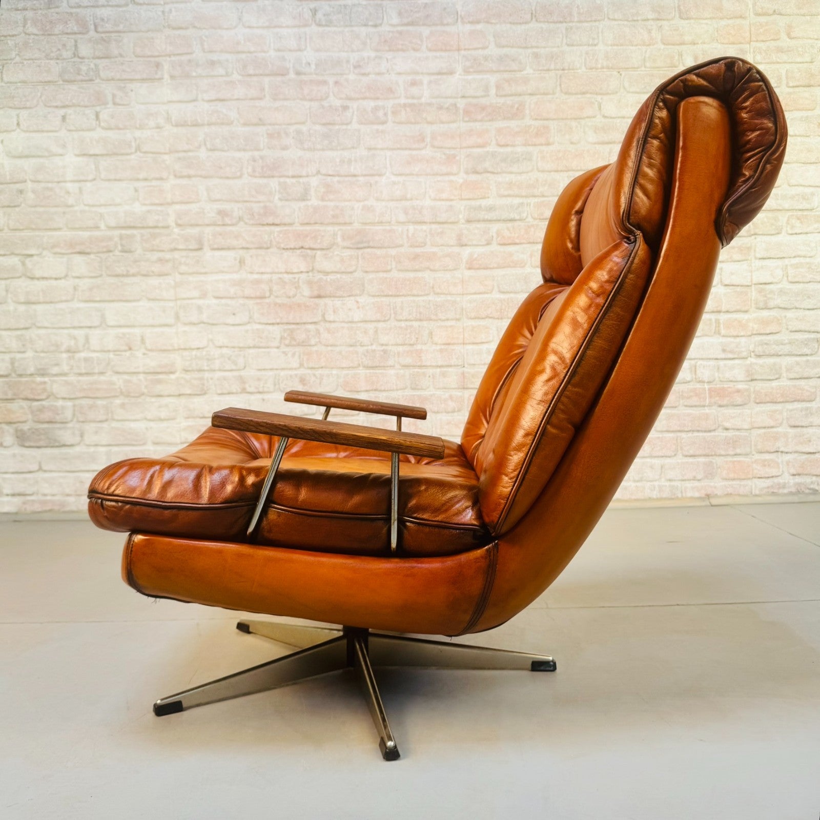 Vintage Danish Swivel Armchair Hand Dyed Tan Leather | Scandinavian Lounge
