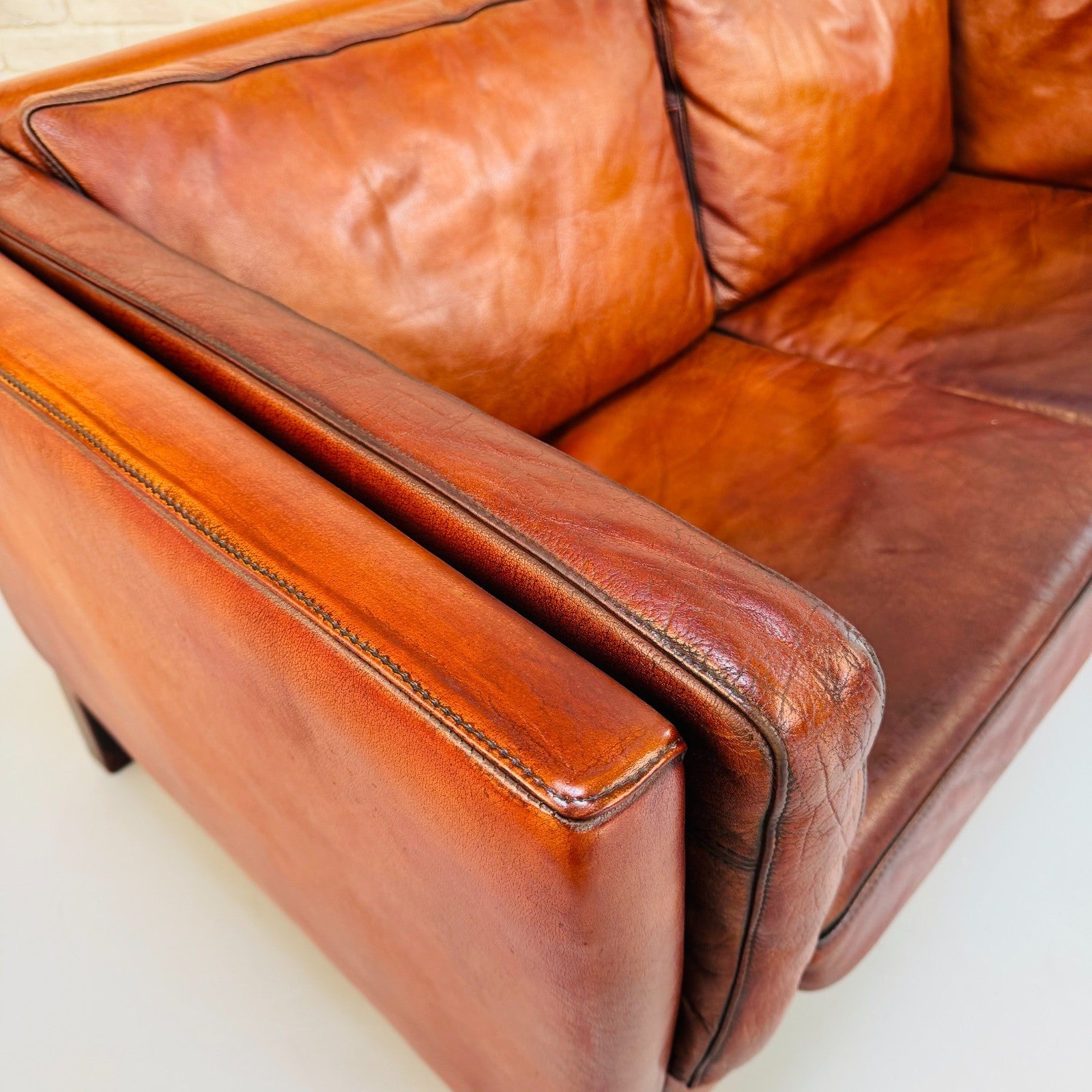 Vintage 1970s Danish Tan Leather Box Two Seater Sofa