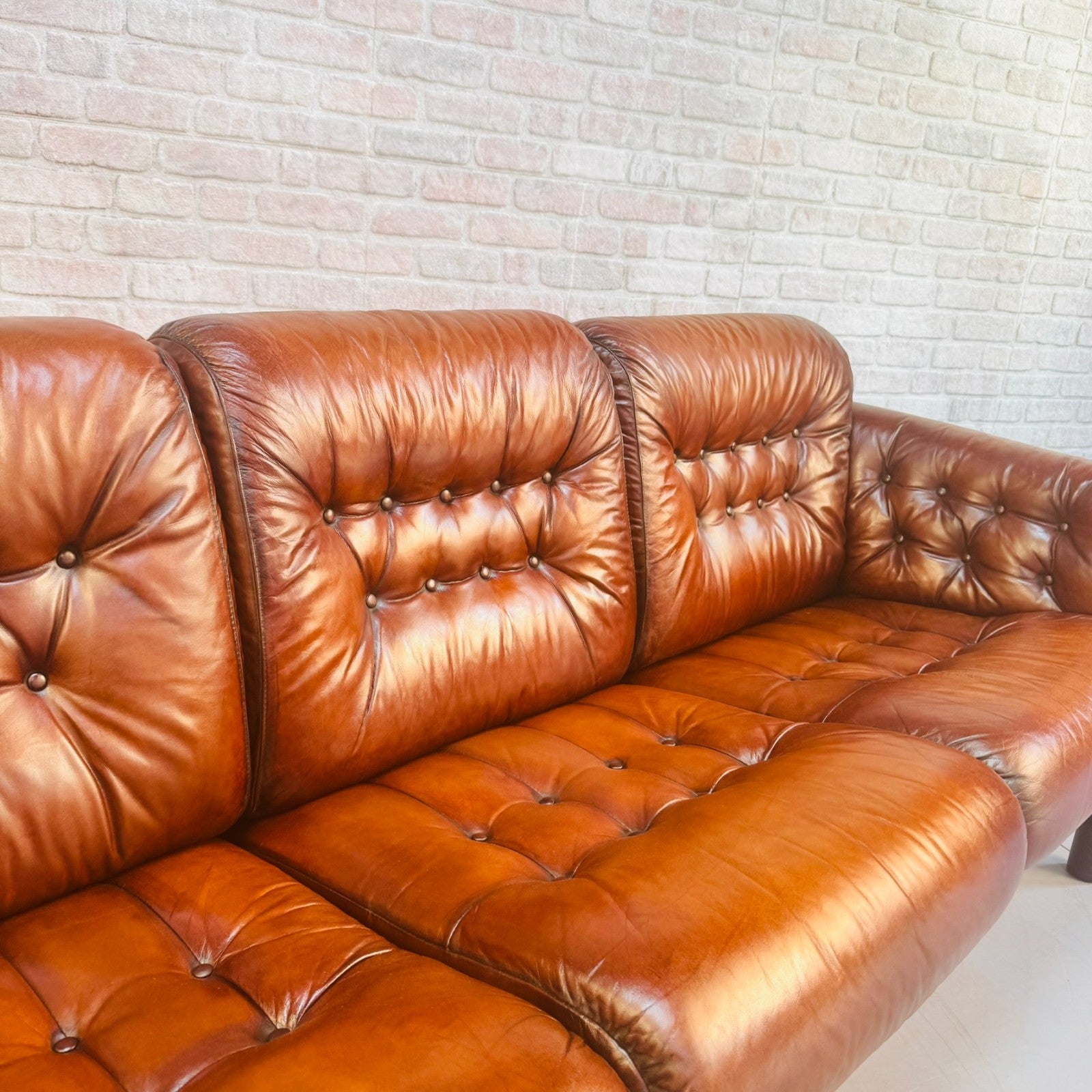 Vintage 1970s Swedish Tan Leather Three Seater Sofa