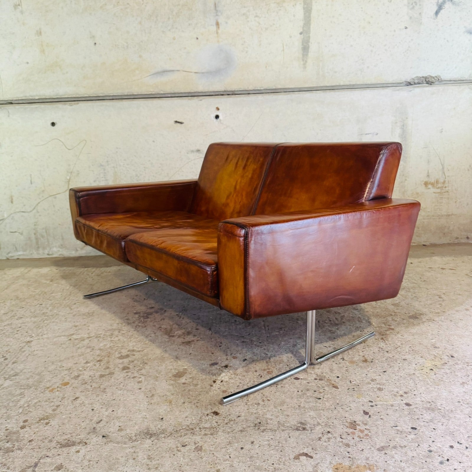 Vintage Danish Mid-Century Tan Leather Two-Seater Sofa by Danerka