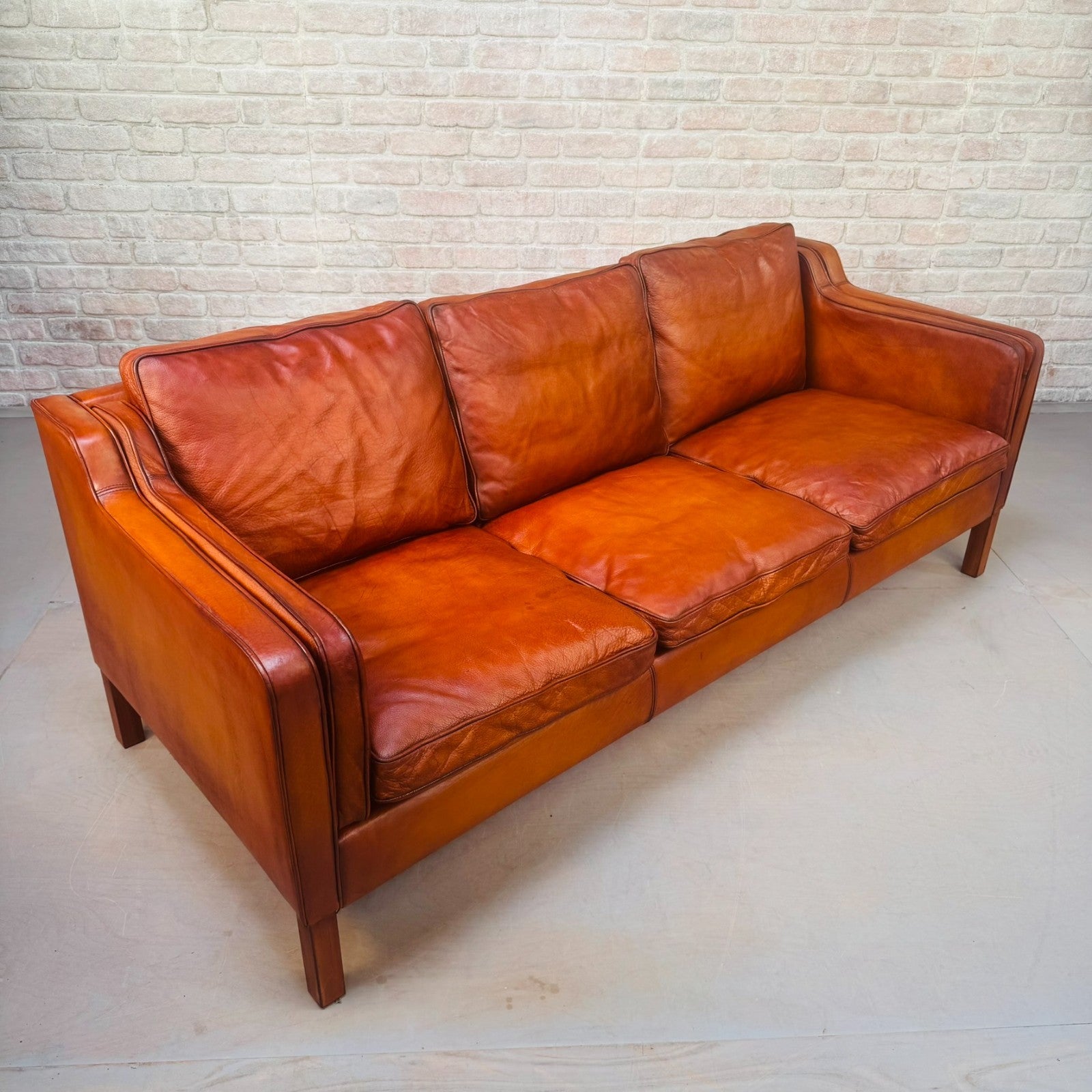 Vintage Danish Børge Mogensen Style Cognac Leather Three Seater Sofa