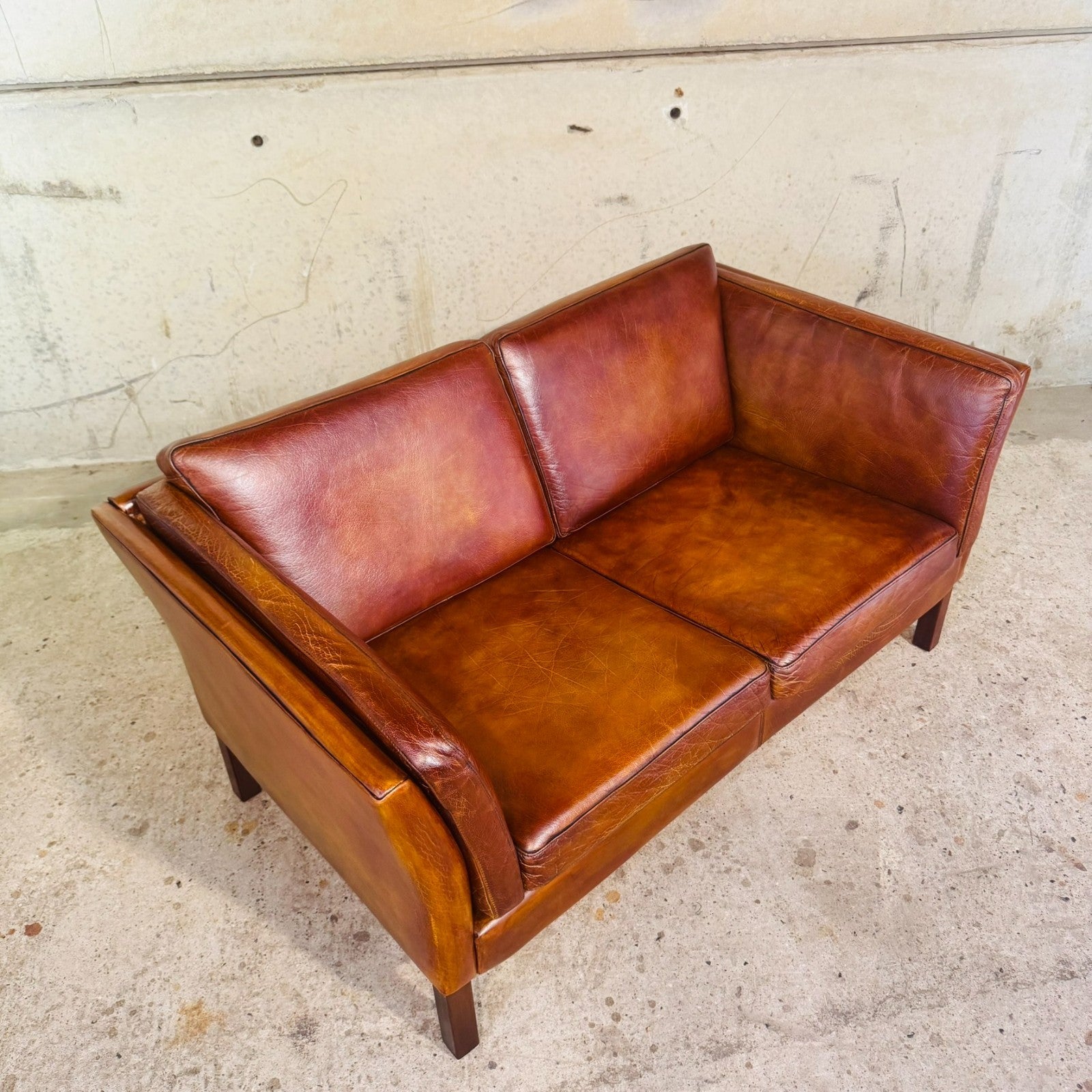 Vintage Danish Tan Leather 2 Seater Sofa — Neat Proportions